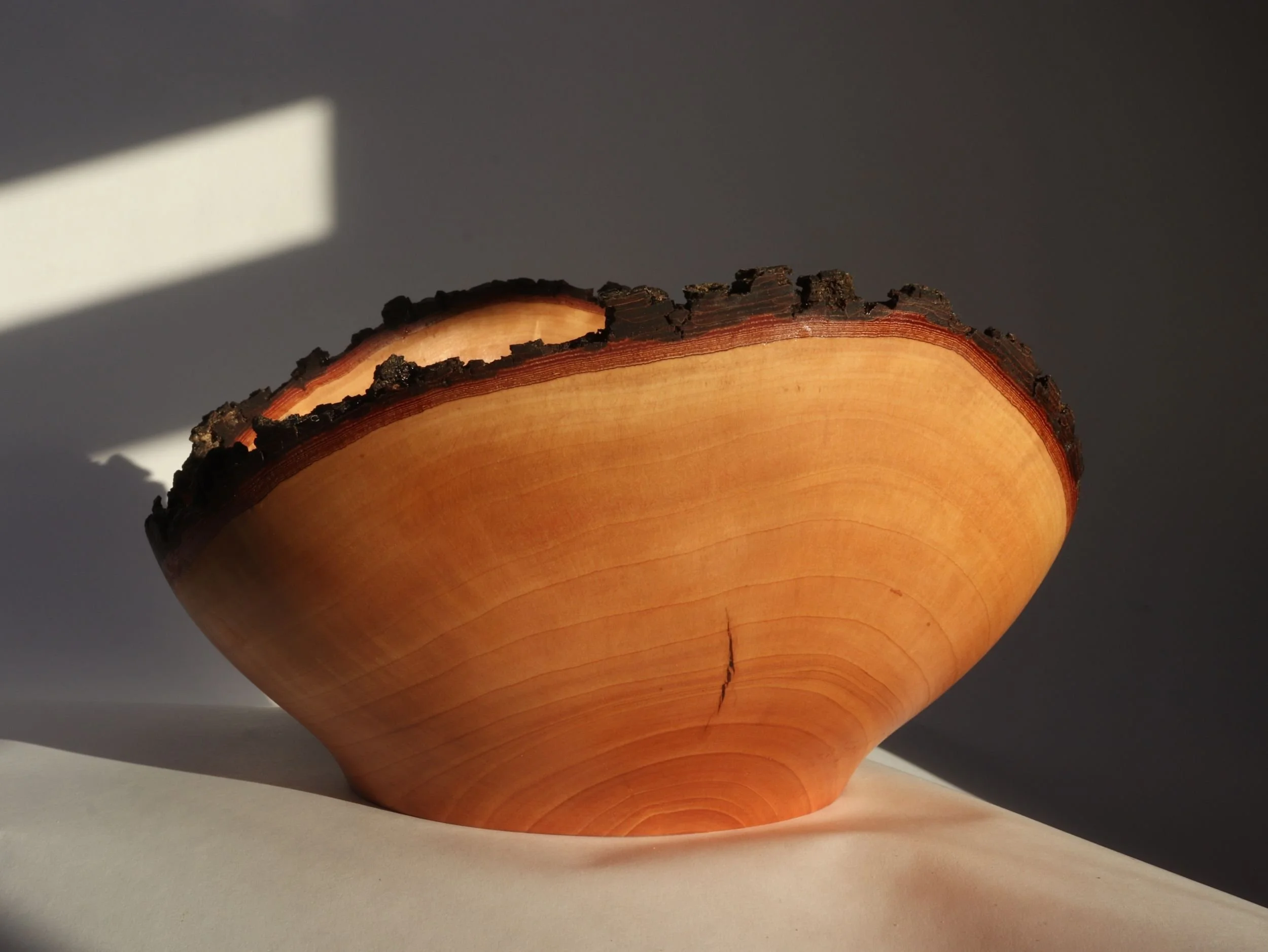Live edge cherry wood bowl displaying natural asymmetry with preserved bark rim and reddish-brown grain patterns