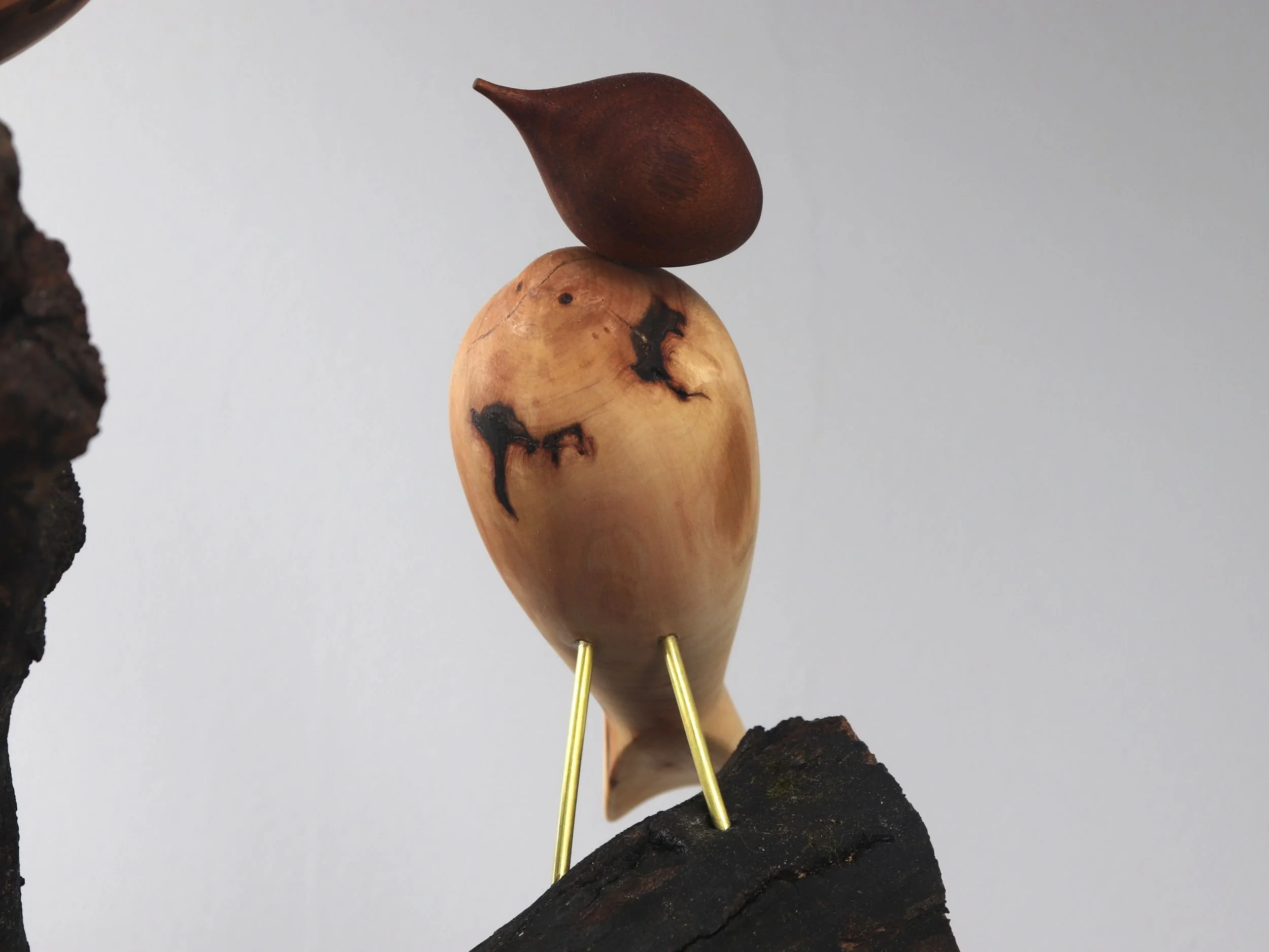 Detail shot of handmade dogwood bird with sepele mahogany turning head and natural wing-like grain patterns