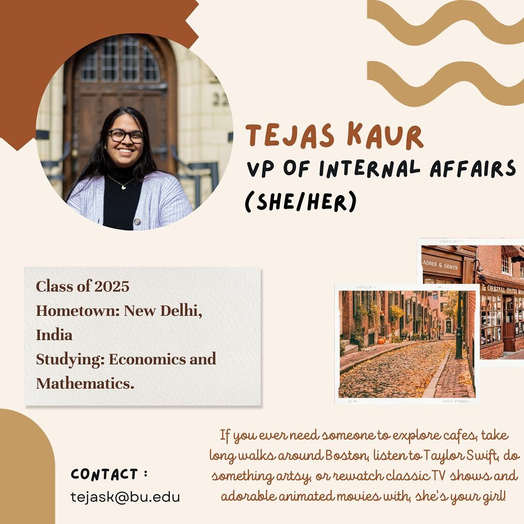 Introducing your VP of Internal Affairs: Tejas Kaur! Tejas is a sophomore from New Delhi, India, and is currently studying Economics and Mathematics. Tejas is looking forward to building a better sense of community within CAS by making our online pre