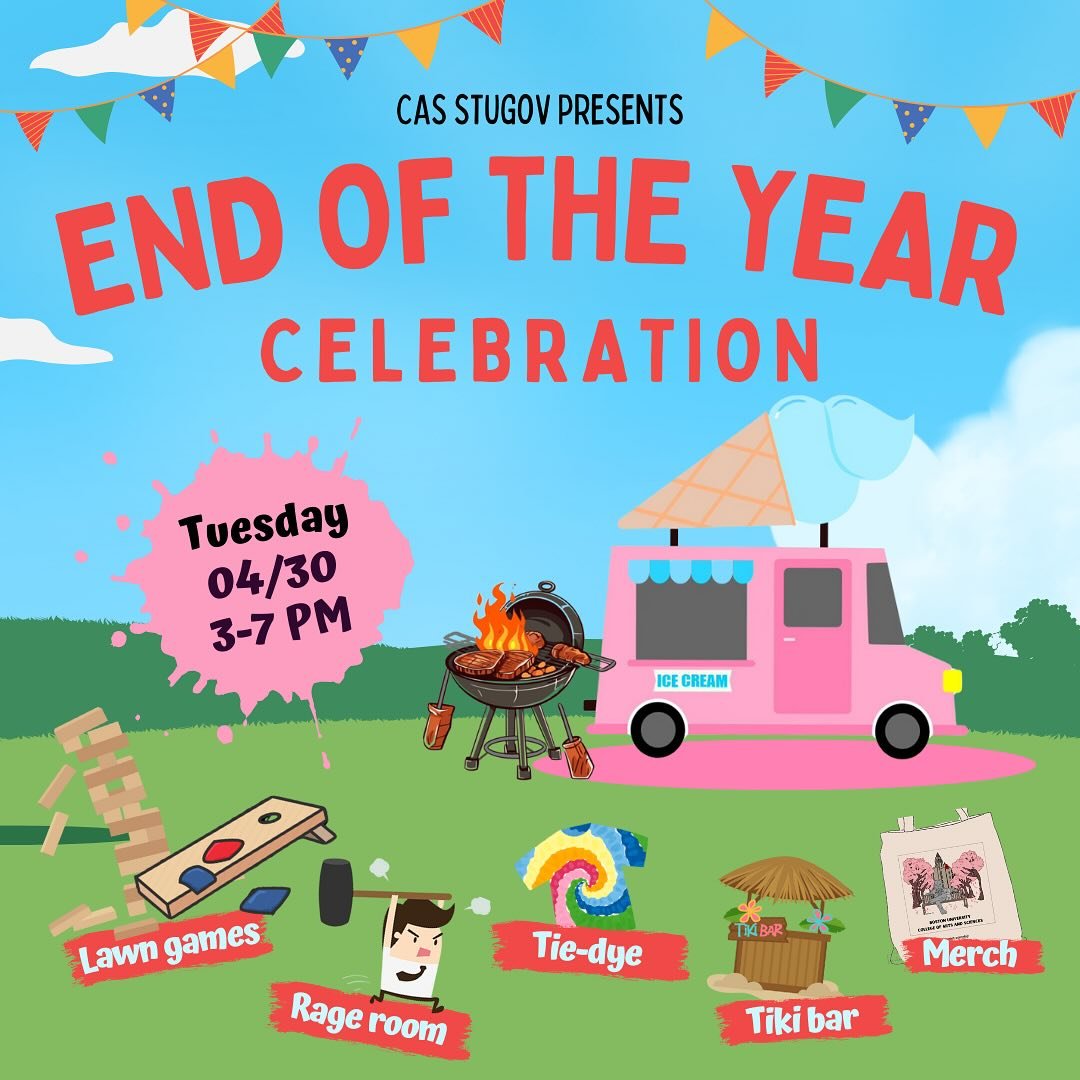 Mark your calendars for April 30, 3-7 PM at BU Beach! ☀️ CAS StuGov is hosting the ultimate end-of-year celebration with sizzling BBQ, an ice cream truck, and lots of activities. From lawn games to tie-dye, chalk walk to tiki bar - come relax and cel