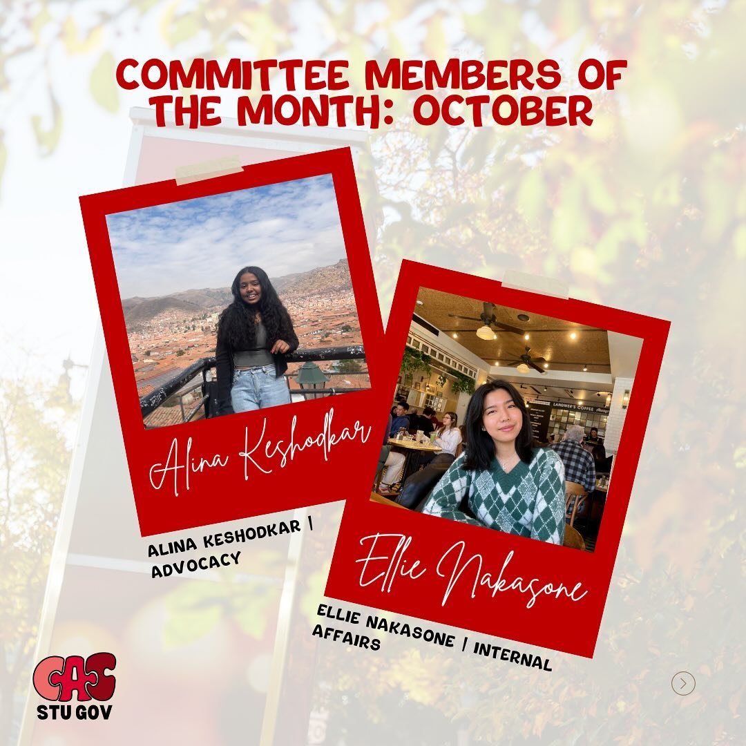 Shoutout to our incredible Committee Members of the Month for October! 🎉

✨Alina Keshodkar (Advocacy)
✨Ellie Nakasone (Internal Affairs)

Thank you for your hard work and dedication!
