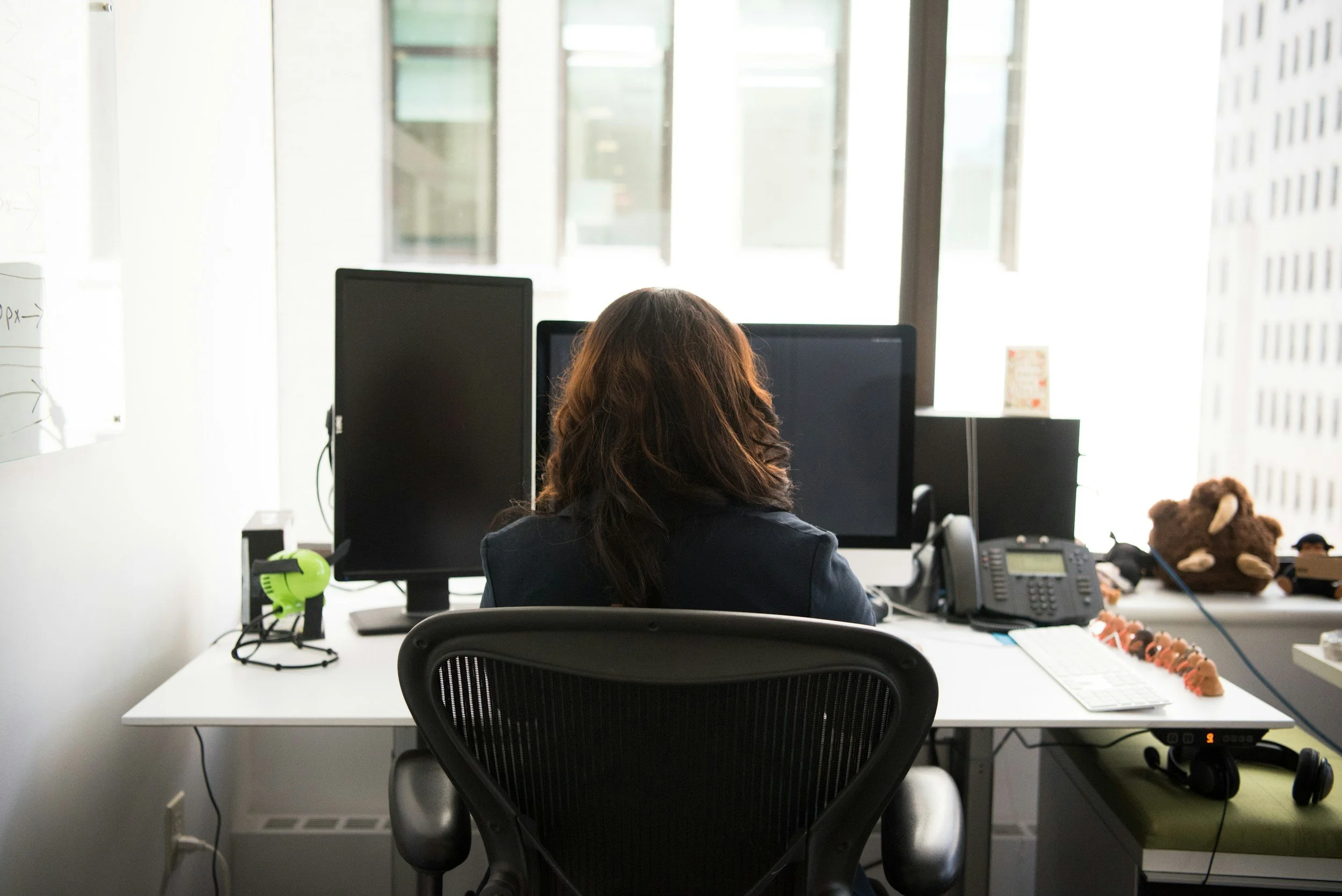 Photo of a woman sitting at a computer desk