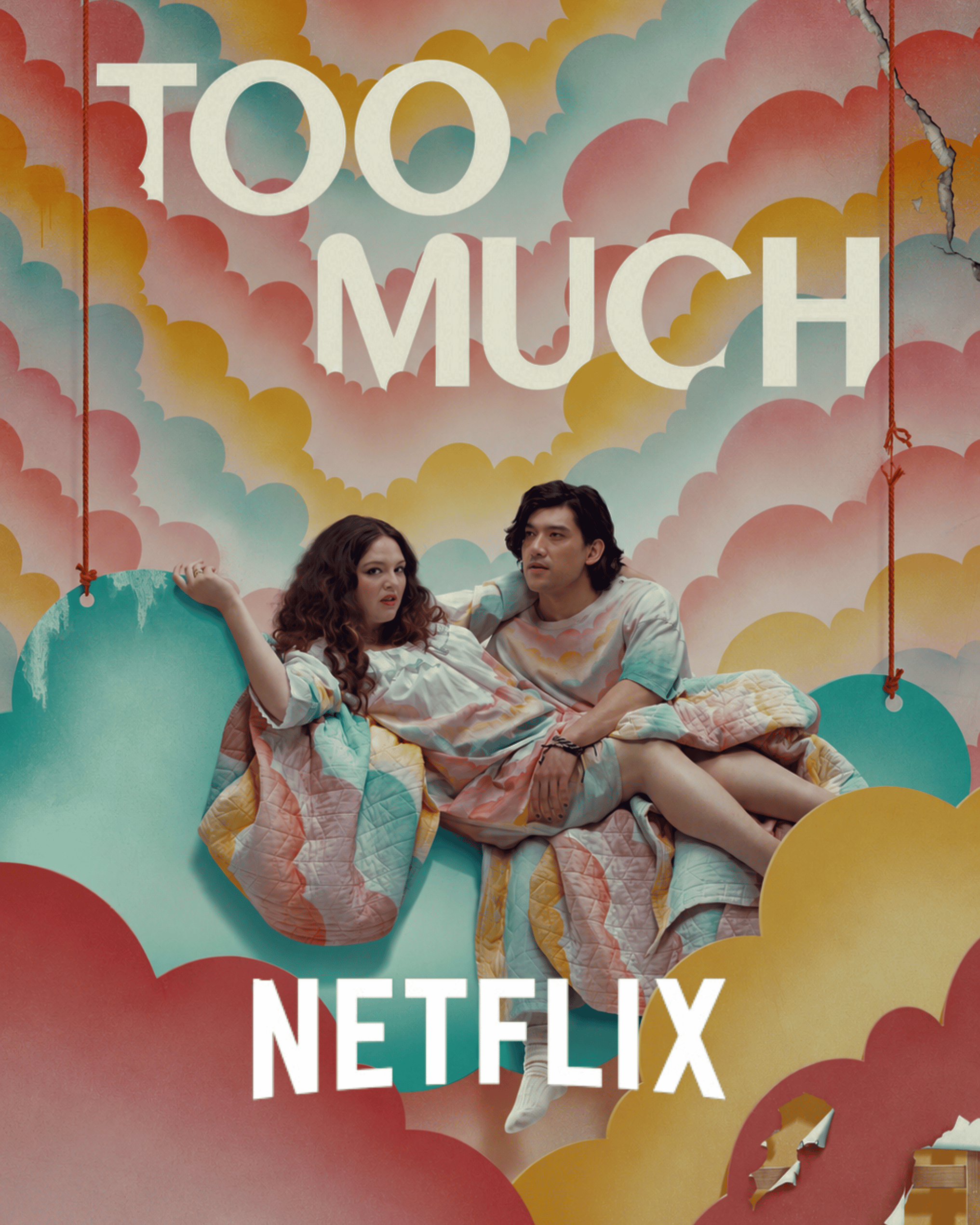 Netflix Too Much series promotional poster featuring a colourful pastel cloud design and the lead characters