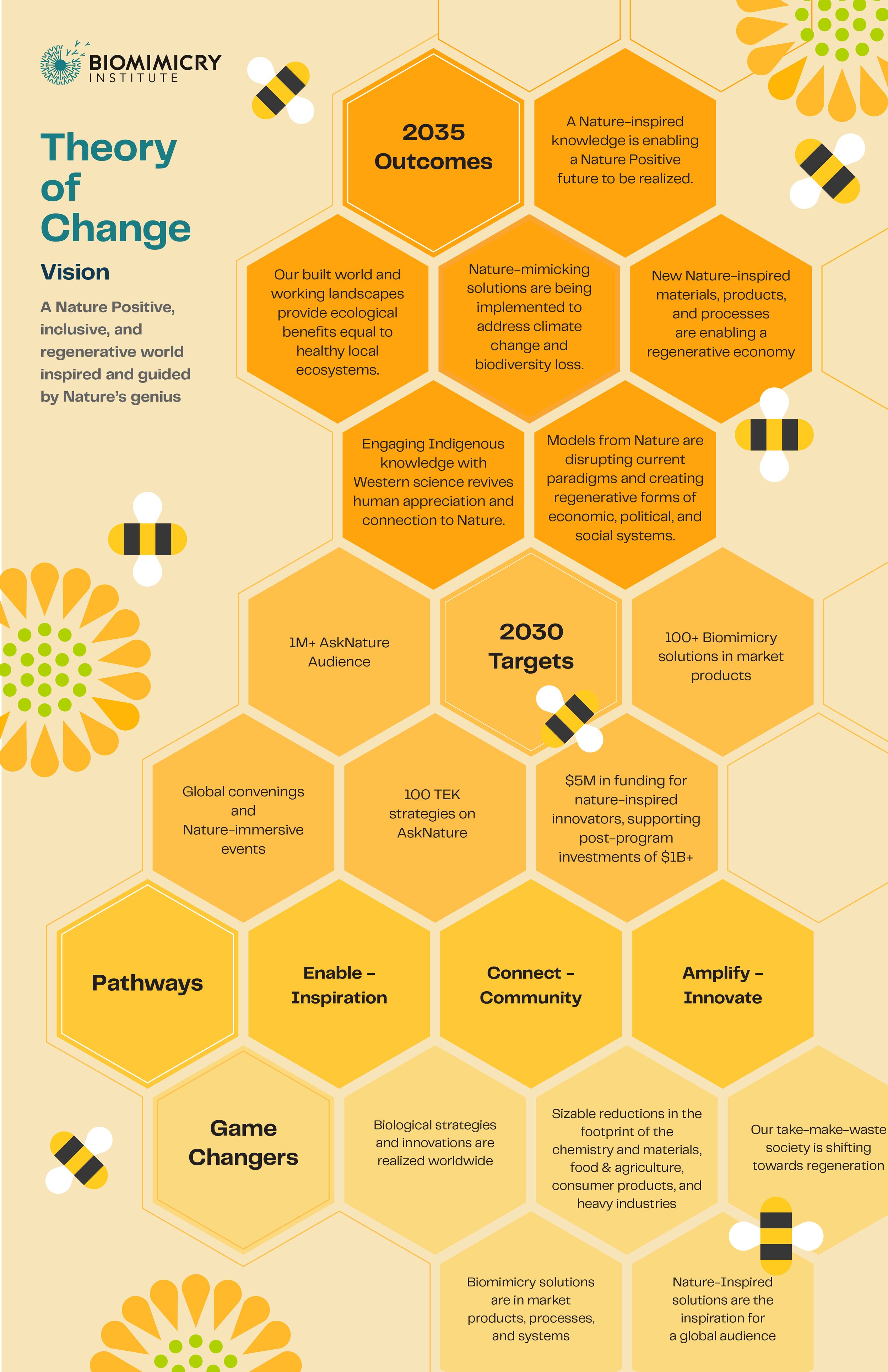 Infographic illustrating the Biomimicry Institute’s Theory of Change leading to the year 2035 outcomes.