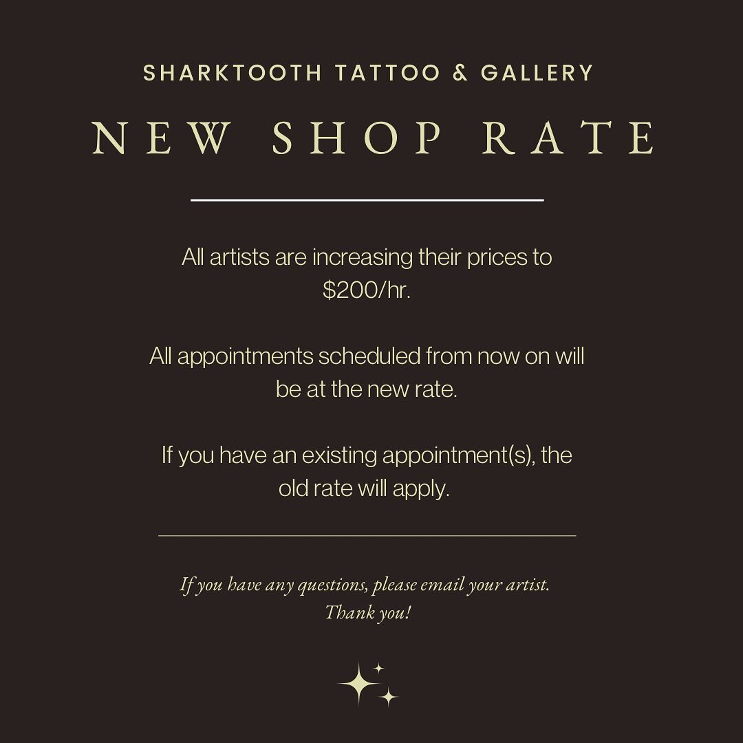 NEW SHOP RATE ✨ Effective now. Read the post above 👆 for more information and contact your artist with any questions. Thanks! 
.
.
.
.
#tattoos  #tattooshop #mntattooers #mntattoo #mntattooartist #mntattooshops #mntattoostudio #customtattoo #quailit