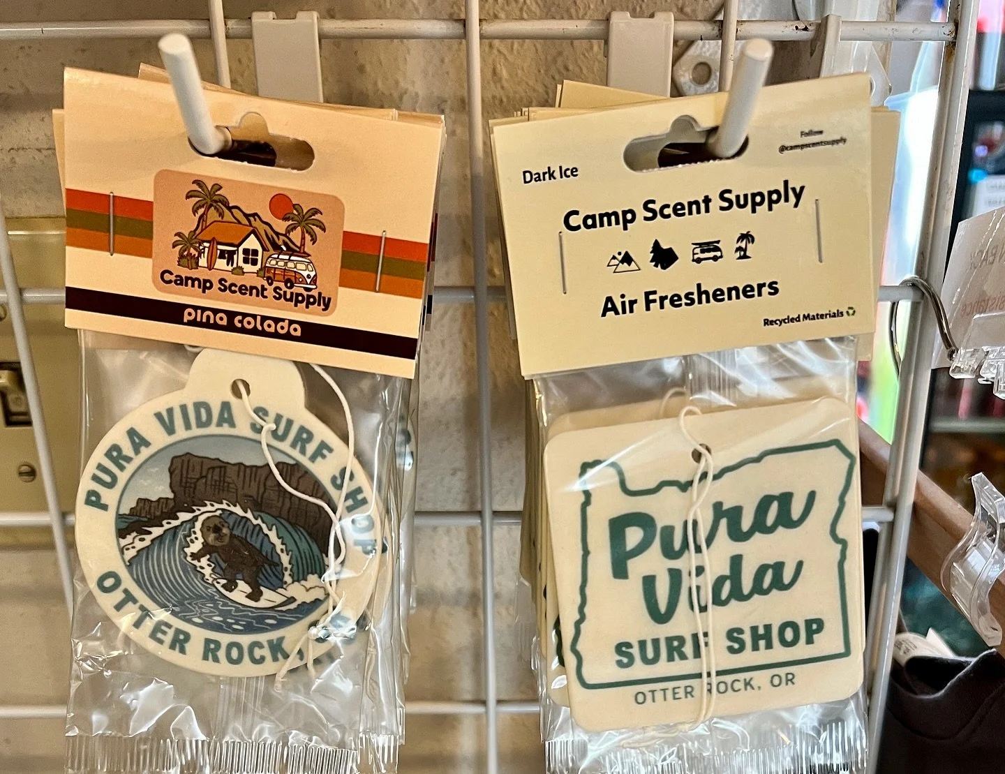 We collabed with @pvsurfshop to bring their logos to life in air freshener form! Scents include best selling Pina Colada🍍&amp; cool Dark Ice ❄️

Be sure to check them out located in Otter Rock, OR 🦦🌊

#puravidasurfshop #puravida #campscentsupply #