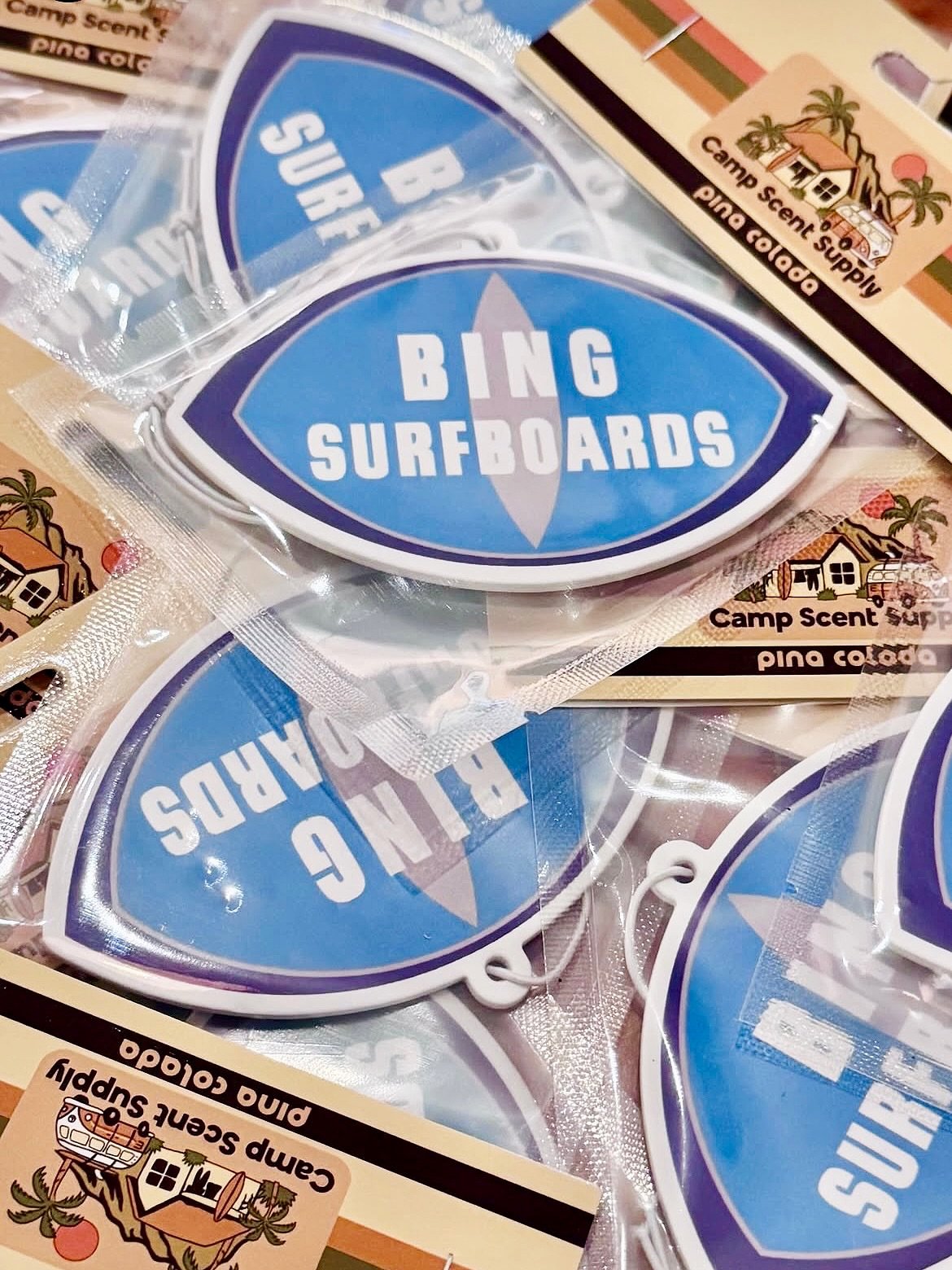 Brand new drop with @bingsurfshop 🌊
Custom branded air fresheners in Pi&ntilde;a Colada scent, hanging fresh 🥥🤙🏻

#bingsurfboards #surfshop #encinitas #custommerch #carfreshener