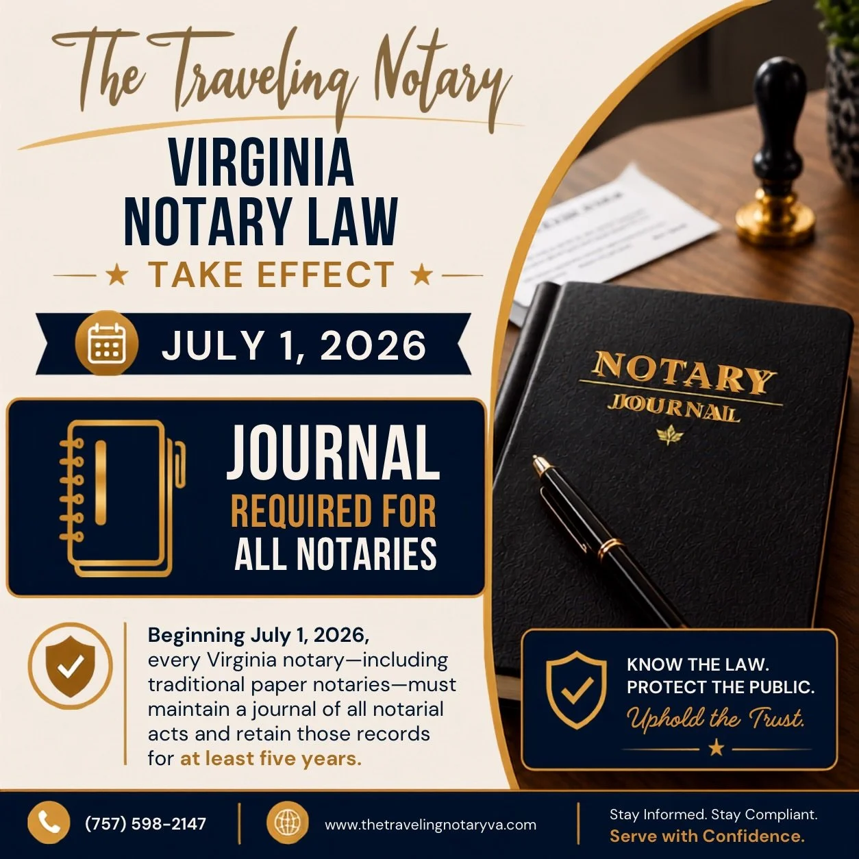 ⚠️ **VIRGINIA NOTARIES &mdash; TIME&rsquo;S TICKING** ⏰

Starting **July 1, 2026**, EVERY notary in VA &mdash; even paper notaries &mdash; must keep a journal of all notarial acts and retain records for 5+ years. 📓✍️

This new law (HB 163/SB 316) is