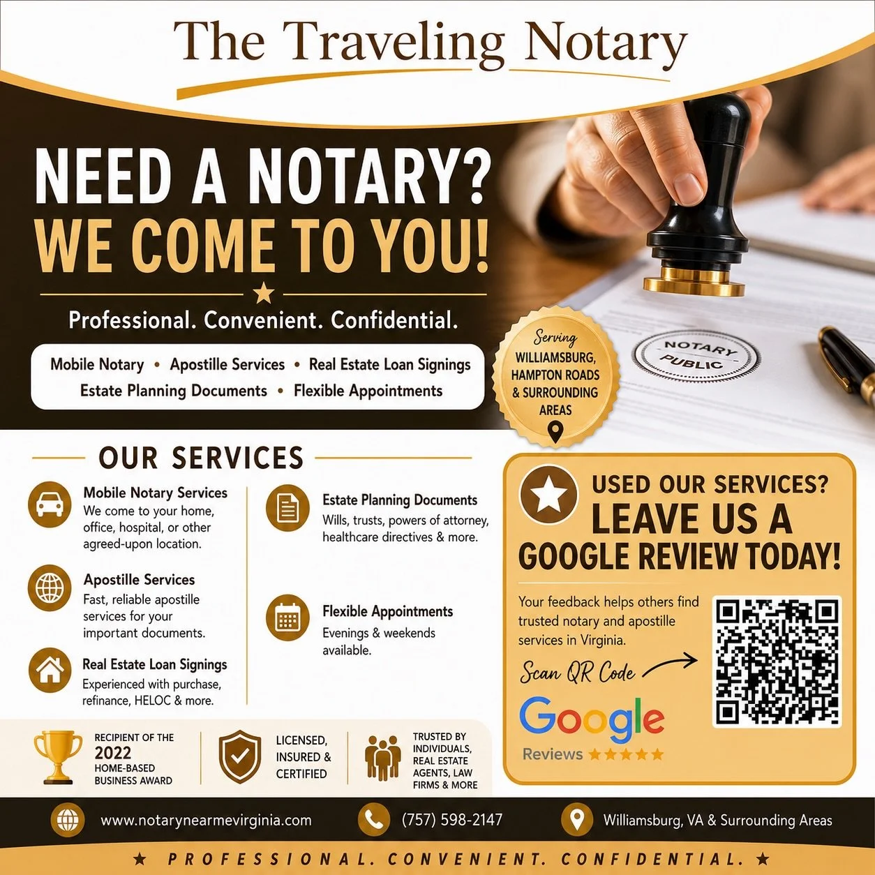 📍 NEED A NOTARY? WE COME TO YOU!

Life is busy&mdash;getting your documents notarized shouldn&rsquo;t be.

Whether you&rsquo;re at home, work, a hospital, senior living community, or another convenient location, The Traveling Notary brings professio