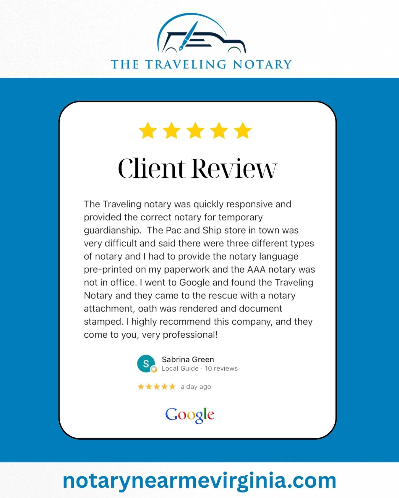 ⭐⭐⭐⭐⭐ &ldquo;They came to the rescue!&rdquo;

Sabrina needed a notary for a temporary guardianship document &mdash; fast. The local pack-and-ship store? Closed door after closed door: three &ldquo;types&rdquo; of notary, special language required, an