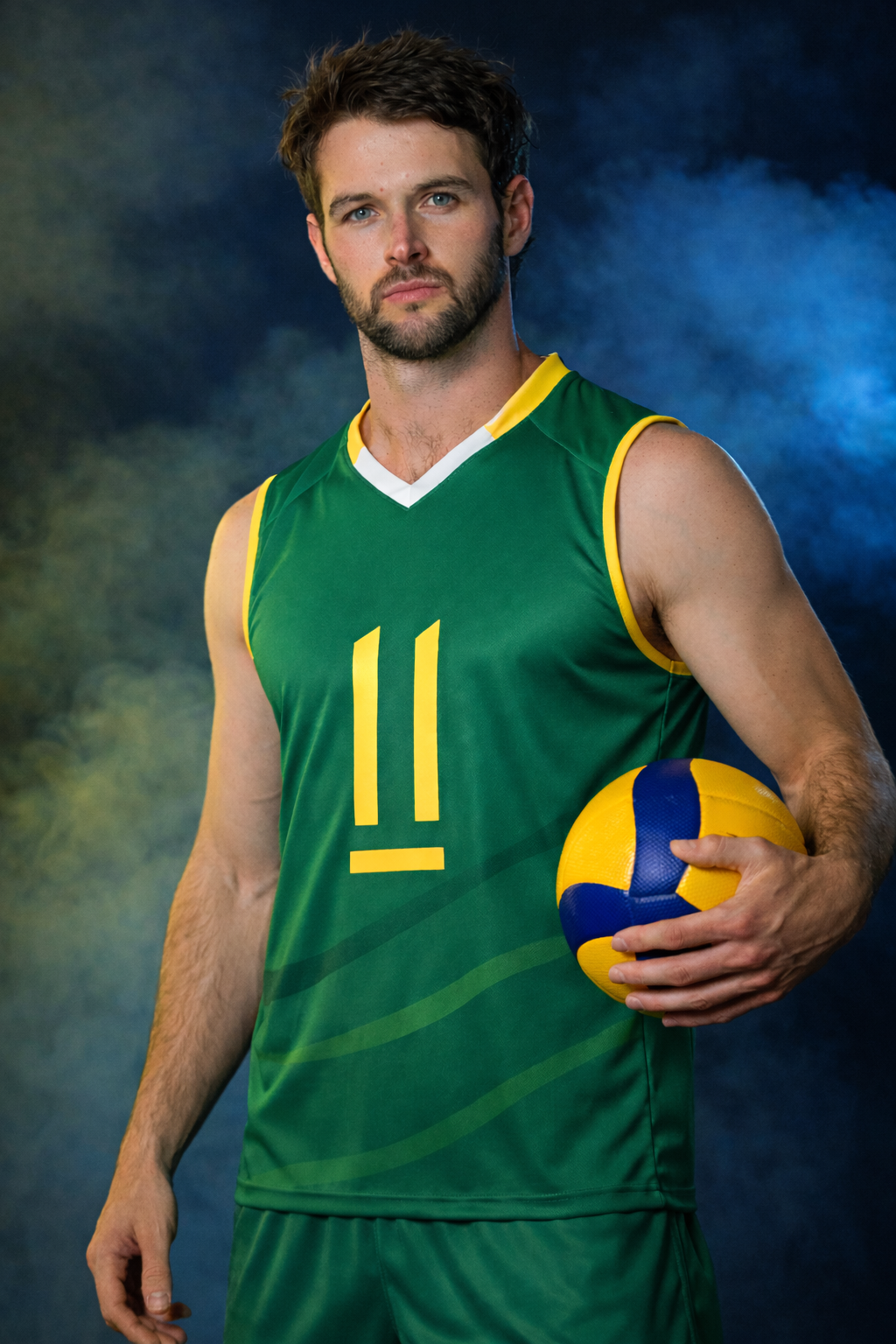A male volleyball player with light skin, brown hair, and a beard, wearing a green jersey with yellow accents and the number 11. He is holding a yellow and blue volleyball in his right hand, with a serious expression, against a dark blue and green smoky background.