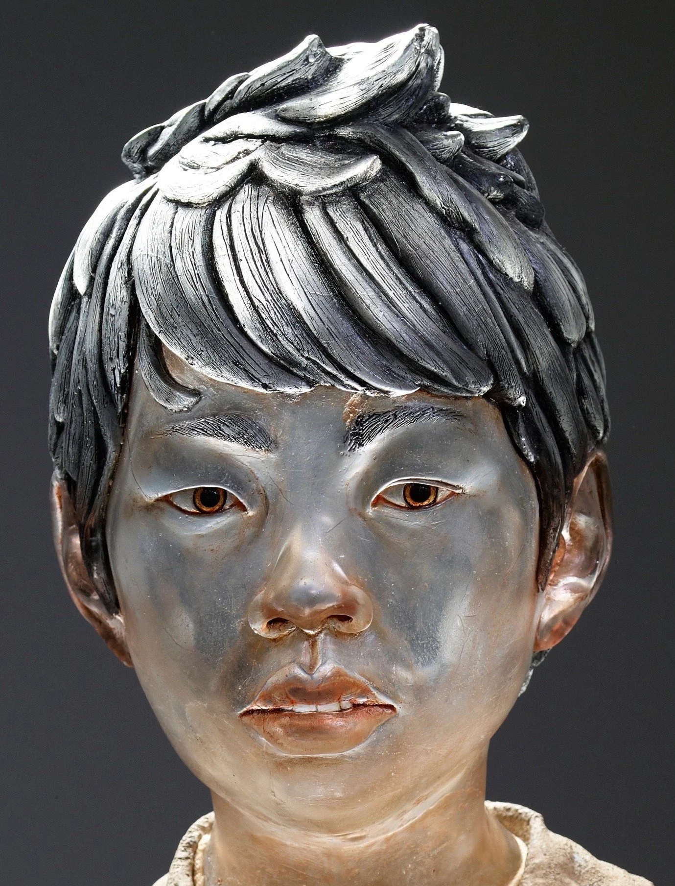 Shan Boy with Elephant | Blown, Cast Glass, Oil Paint, Cement | 26" H x 21" W x 13" D | 2012