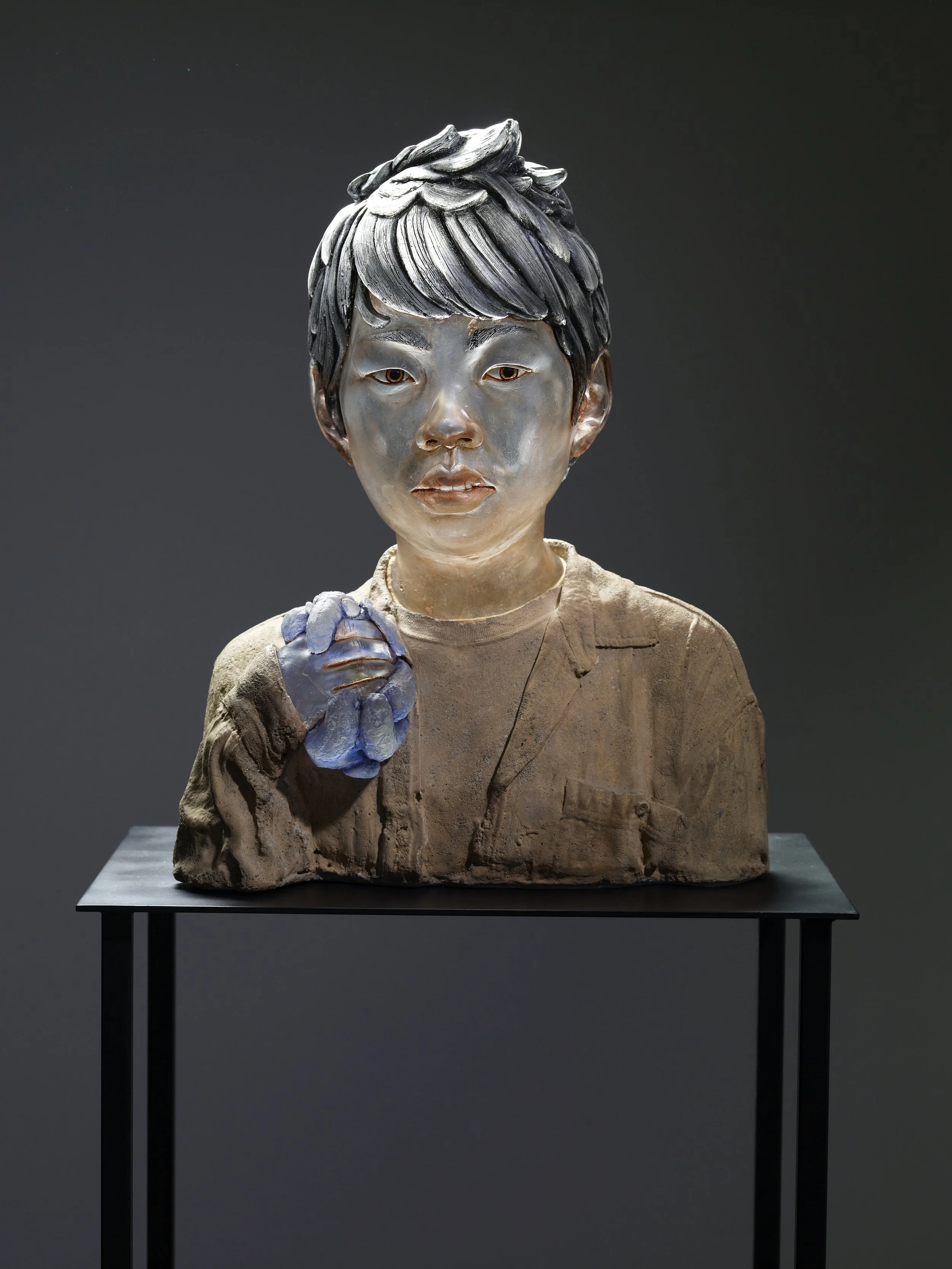 Shan Boy with Elephant | Blown, Cast Glass, Oil Paint, Cement | 26" H x 21" W x 13" D | 2012