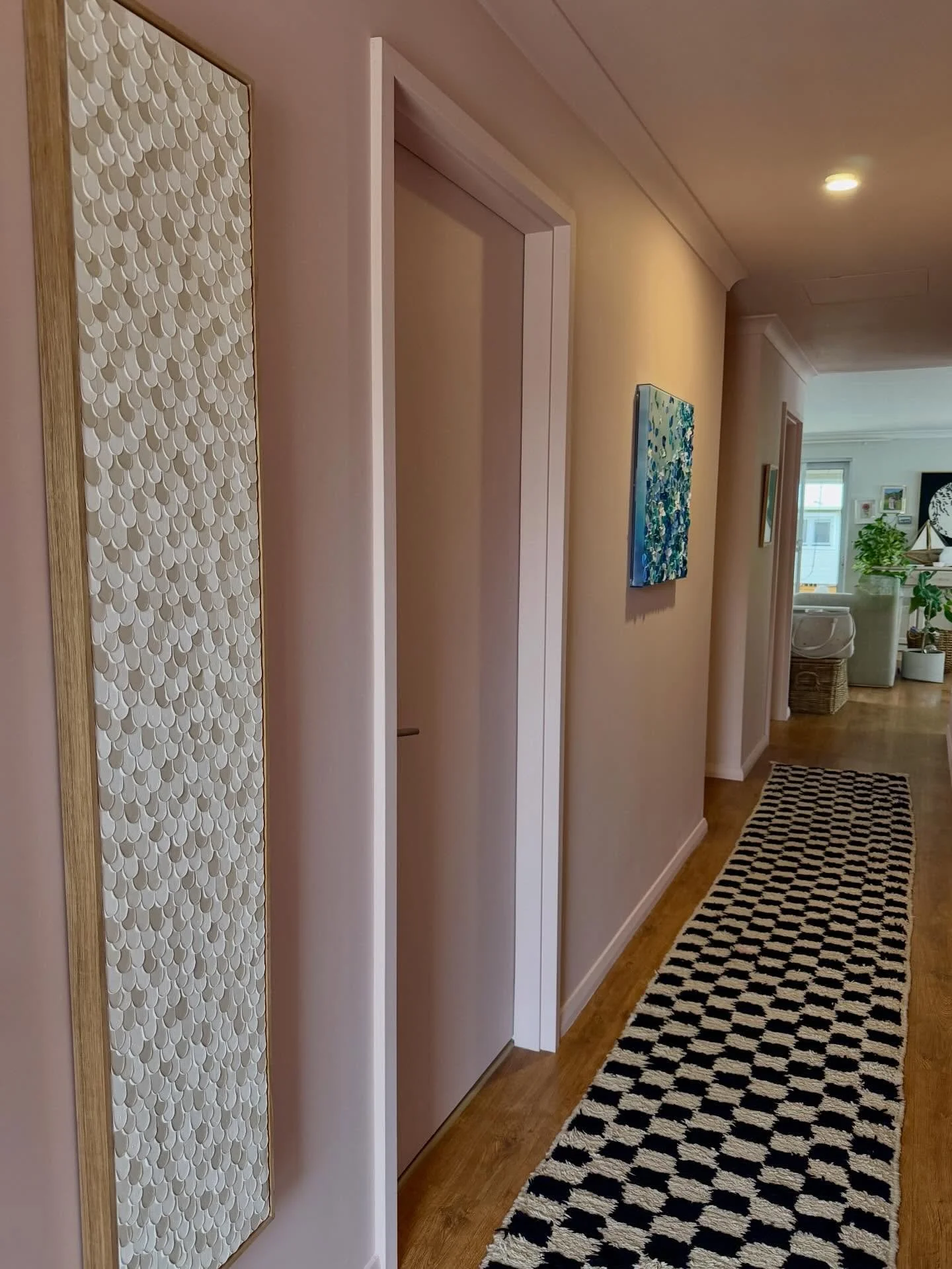 &mdash;> swipe across for blue piece

School is back, which means the house is quiet again. I spent some time over the holidays updating the wall colour in our hallway, and I love how these paintings now stand out against the &ldquo;Alberta rose&r