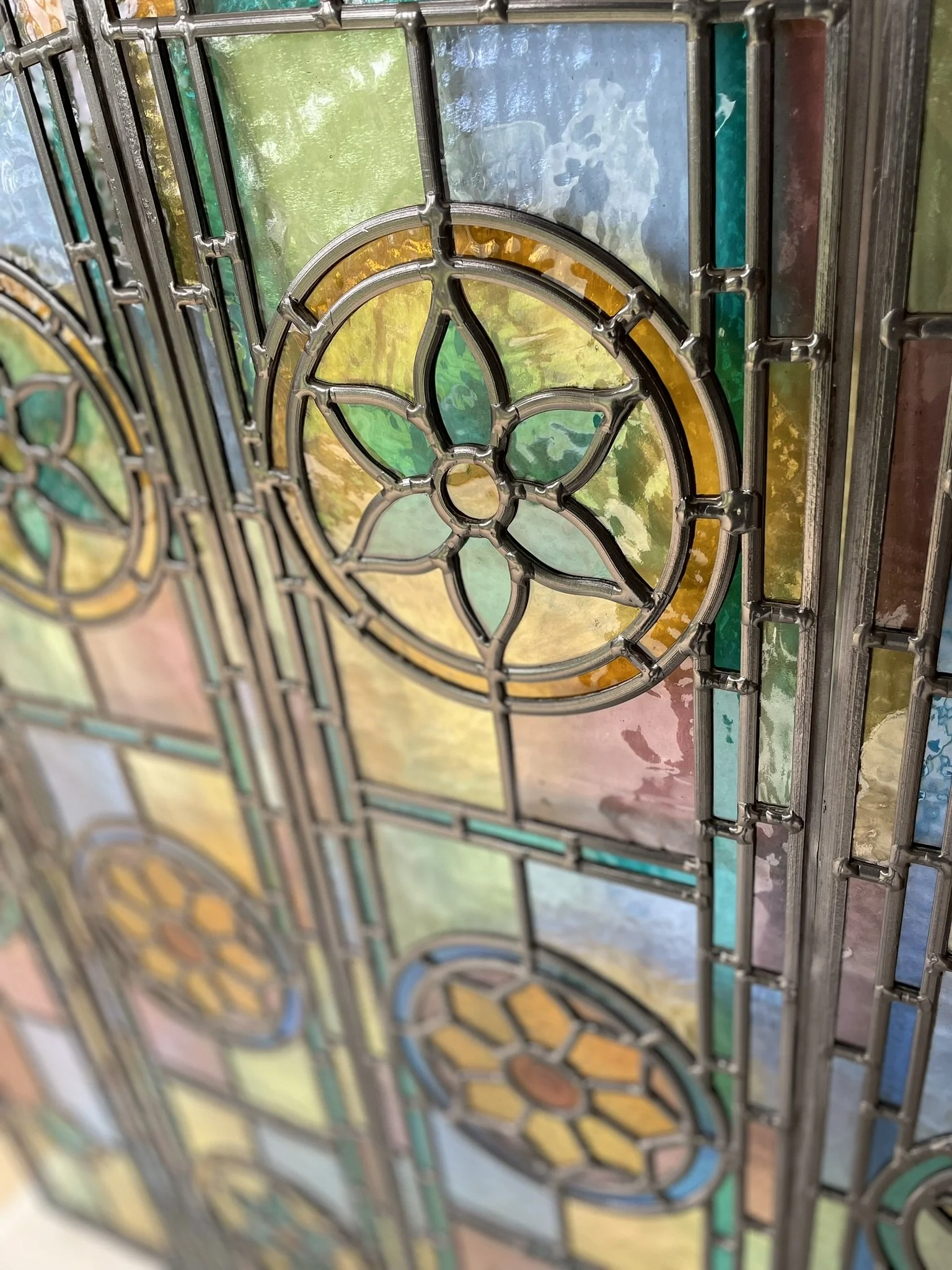 Intricate Victorian Geometric Stained Glass Entrance Set With Floral Motifs