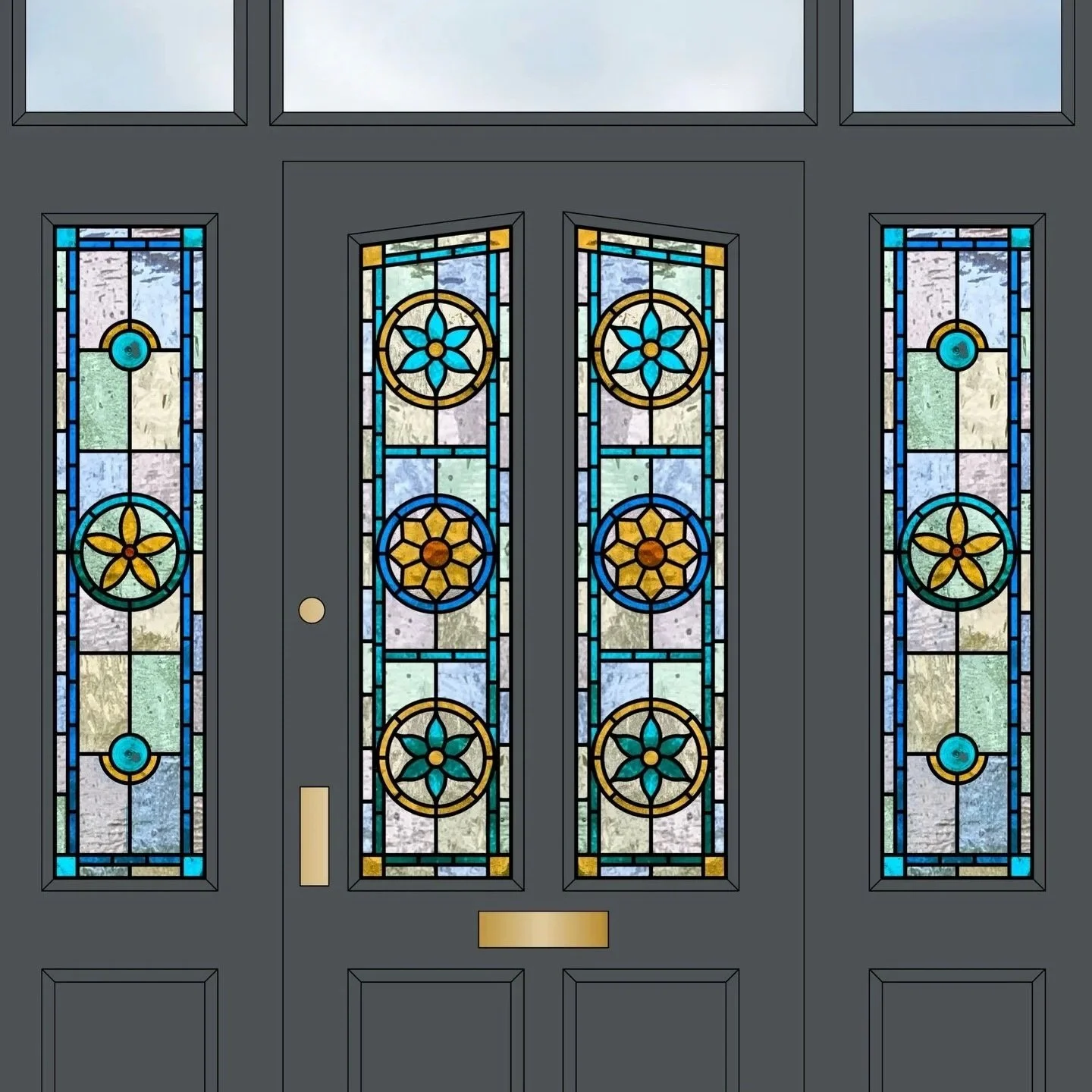 Intricate Victorian Geometric Stained Glass Entrance Set