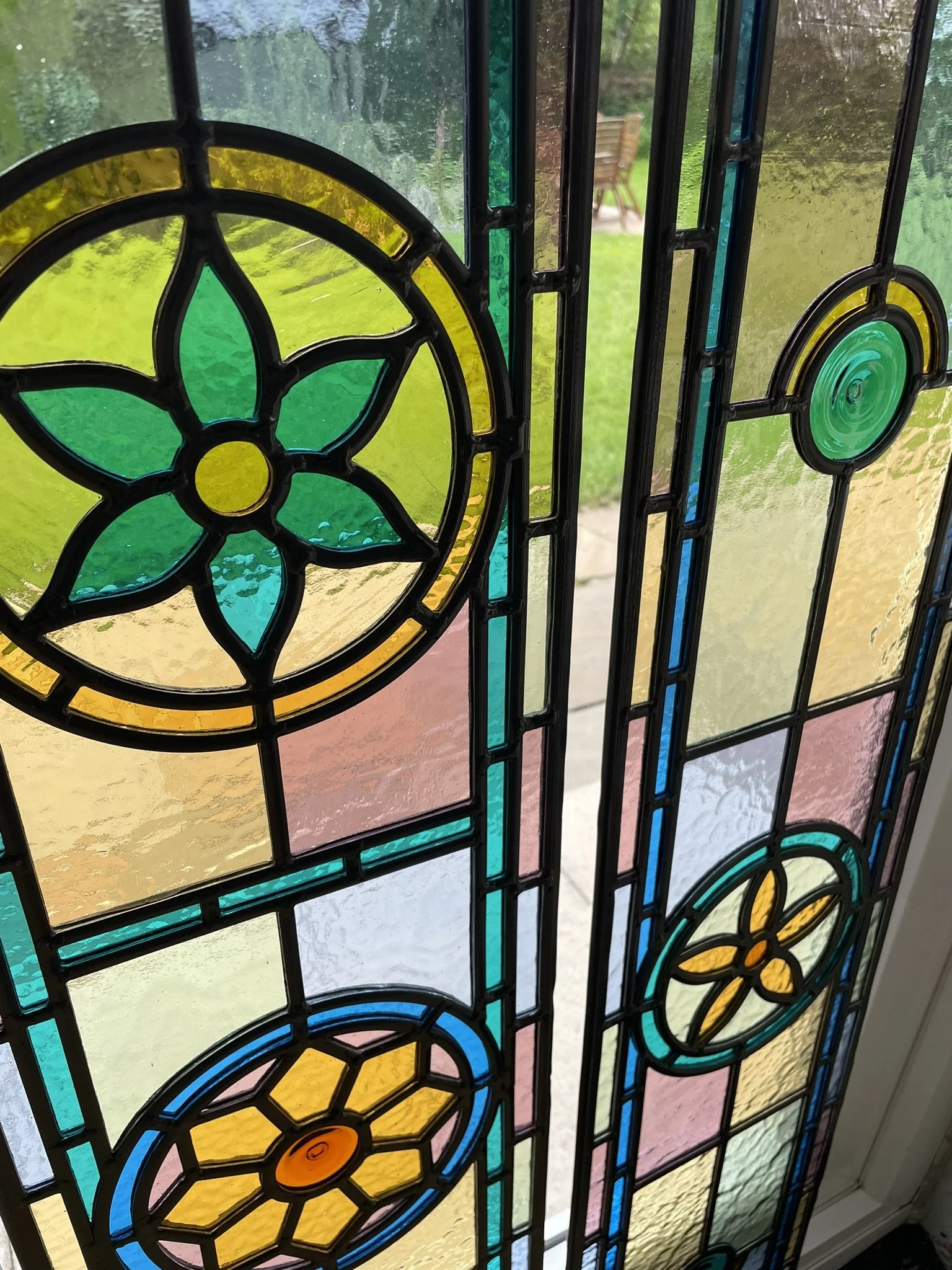 Intricate Victorian Geometric Stained Glass Entrance Set With Floral Motifs