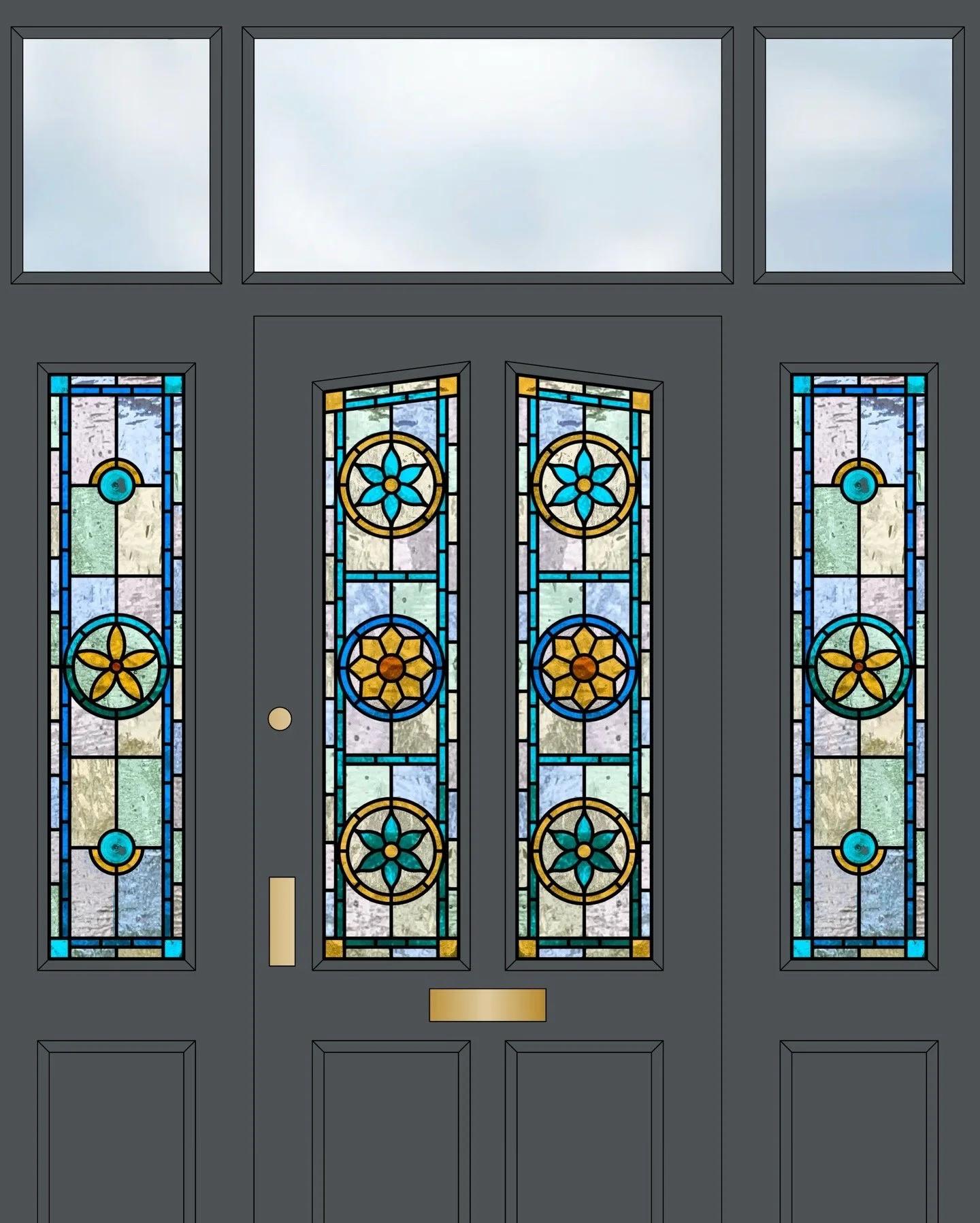 Intricate Victorian Geometric Stained Glass Entrance Set With Floral Motifs