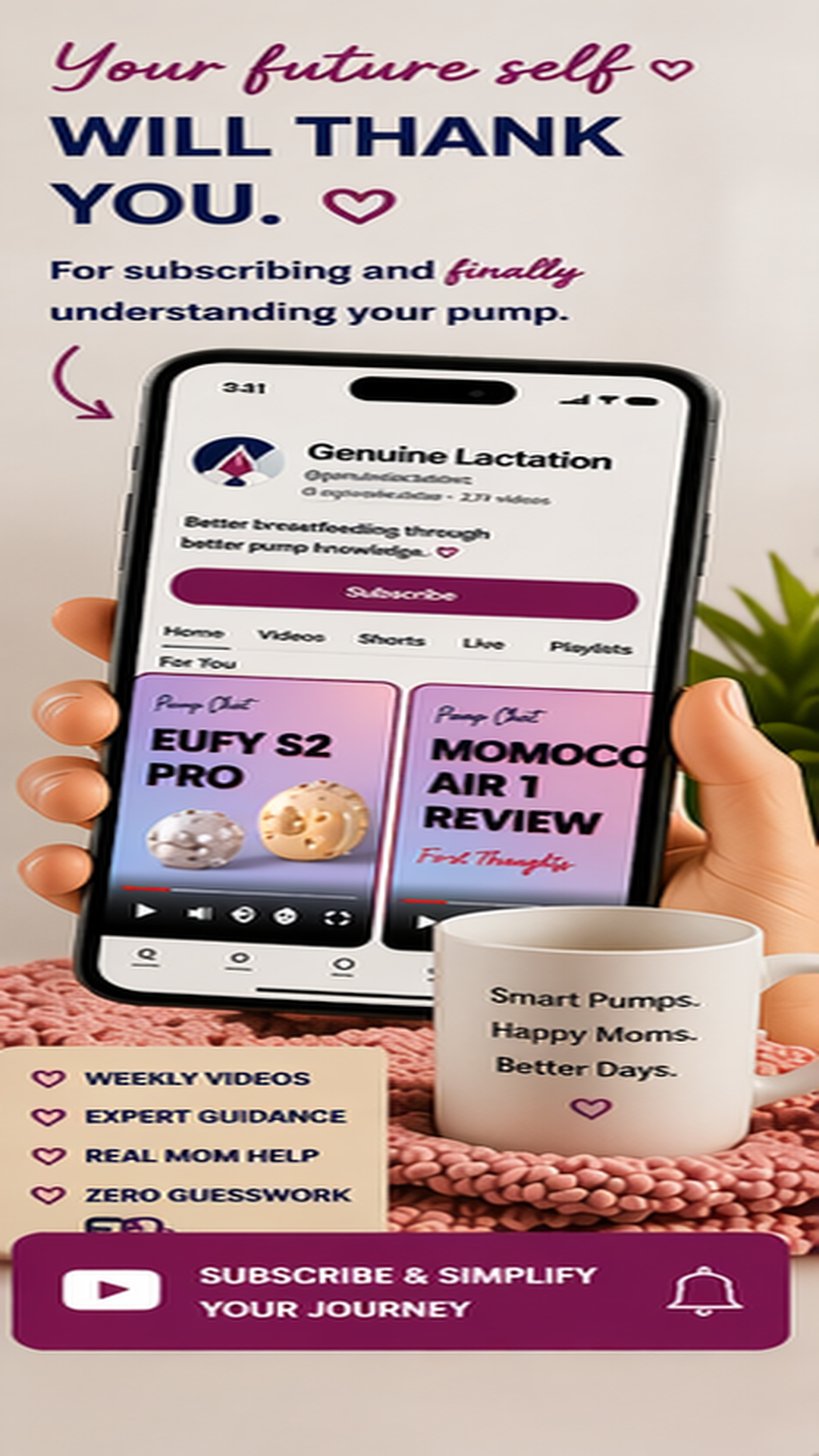 Phone showing Genuine Lactation YouTube videos about wearable breast pumps with text encouraging parents to subscribe for expert pump guidance.