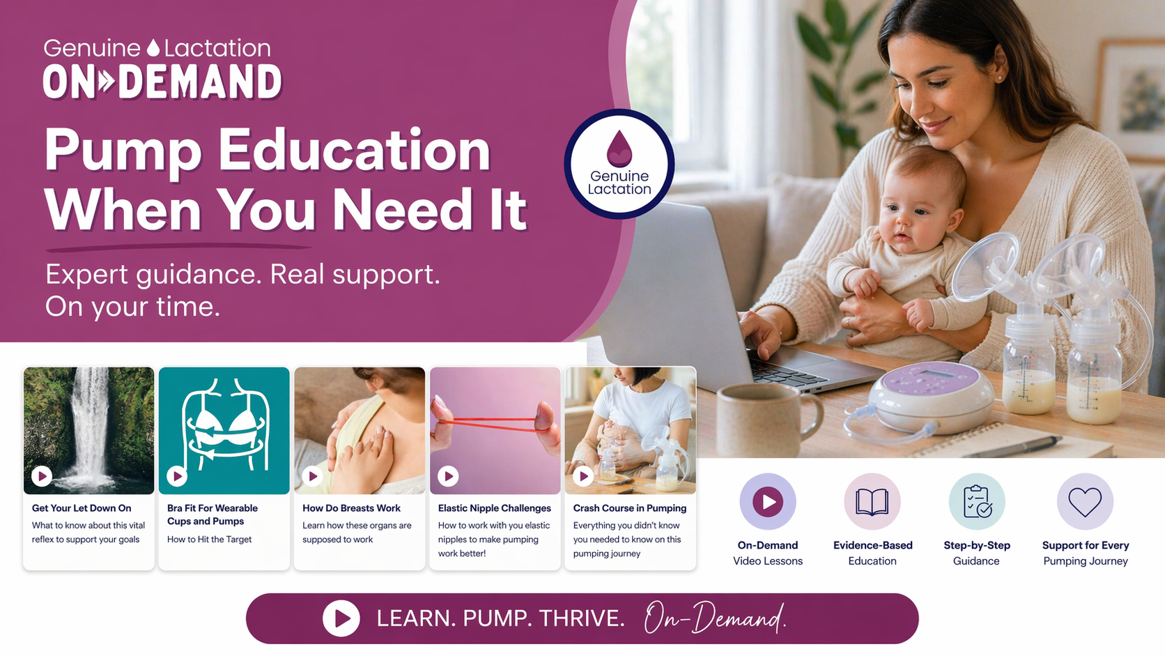 Parent holding a baby while using a laptop beside a breast pump, promoting Genuine Lactation On-Demand pumping education and expert support.