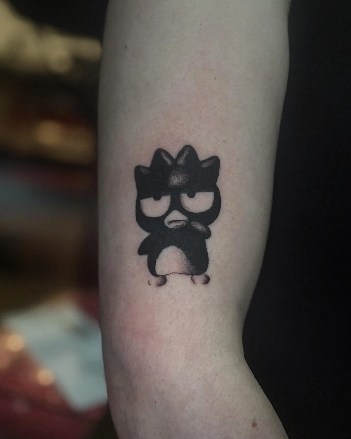 Another Sanrio piece for Macey! 
Love tattooing this style 🫶🏻

DM to book/enquire.
@inkedbyshea 

#badtzmaru #adelaide #sanrio #sanriotattoo #femaletattooartist