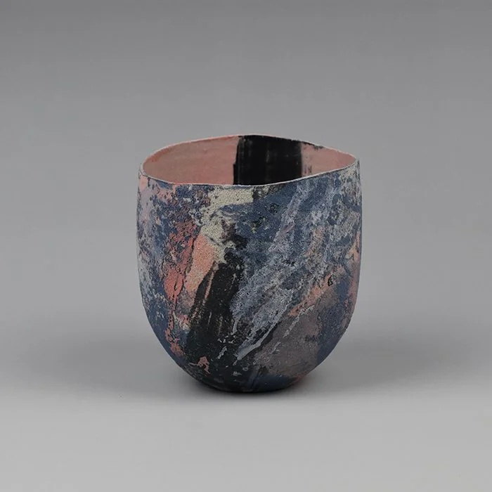 Pink Lichen - wheel thrown raku stoneware, stains, glaze. SOLD