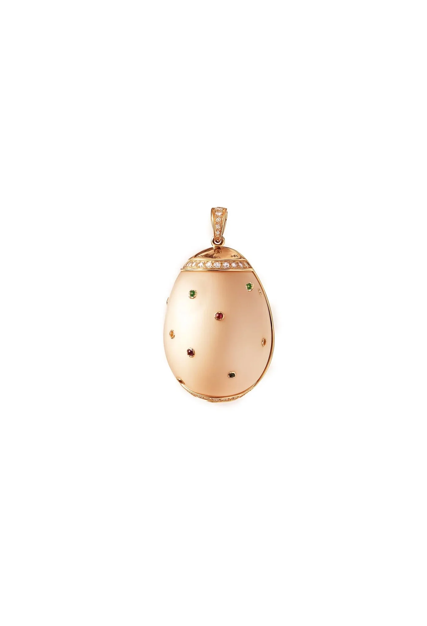 Eighteen Karat Rose Gold Egg Pendant Necklace with Natural Sapphires and Diamonds