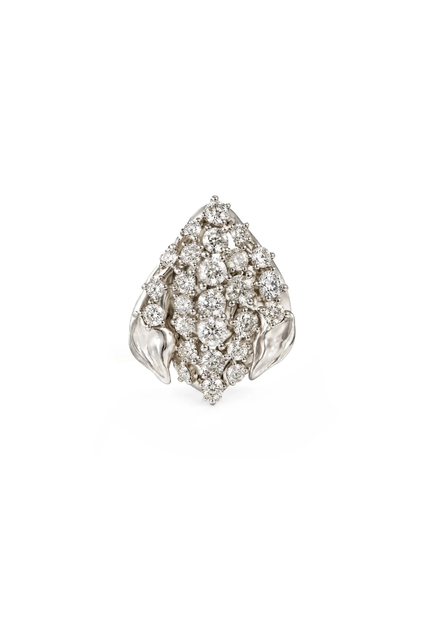 18 Karat Solid White Gold Contemporary Peony Petal Pendant Necklace with Natural Diamonds Pave