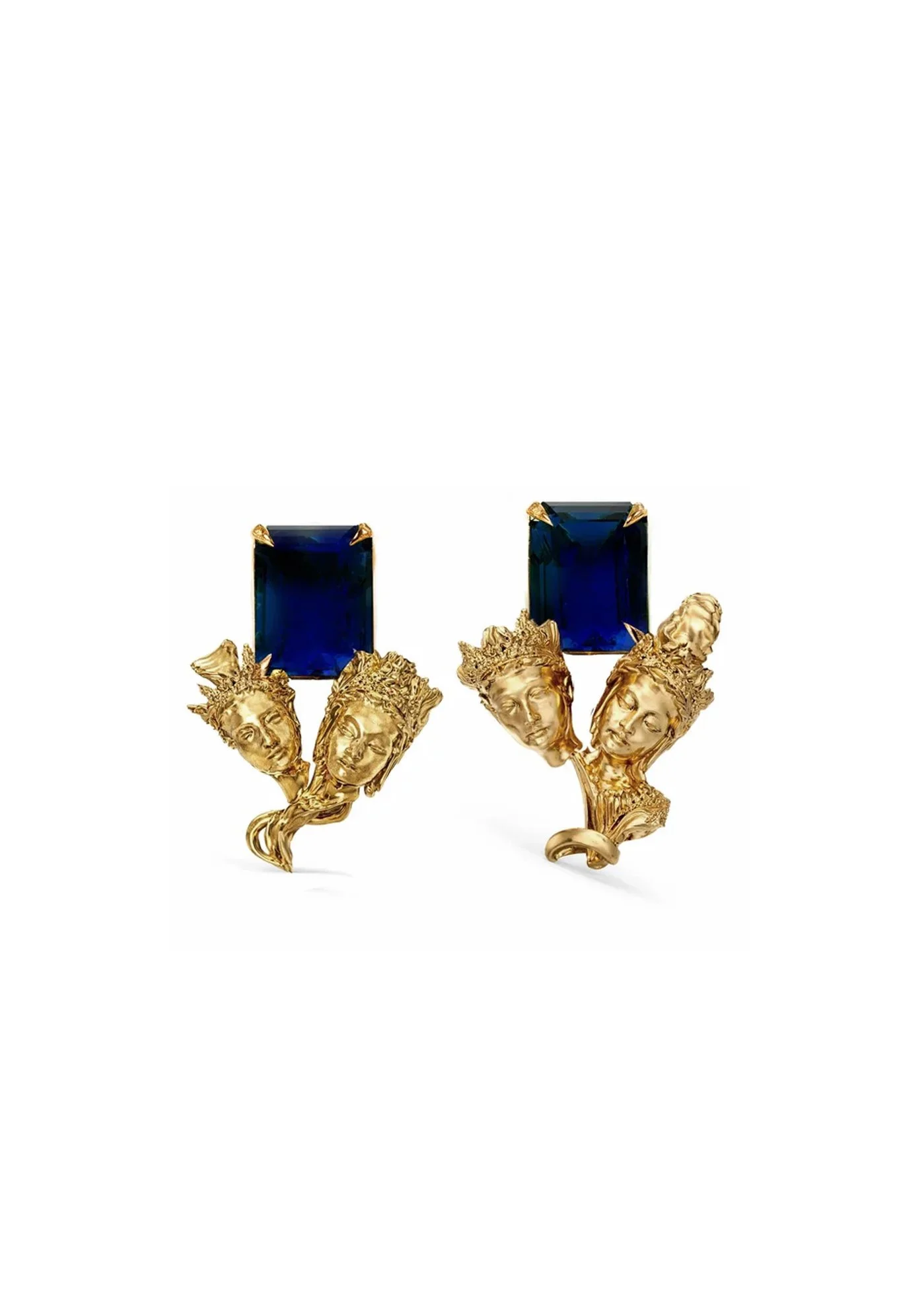 Clip-On Earrings in Gold and Brass with Natural Blue Sapphires