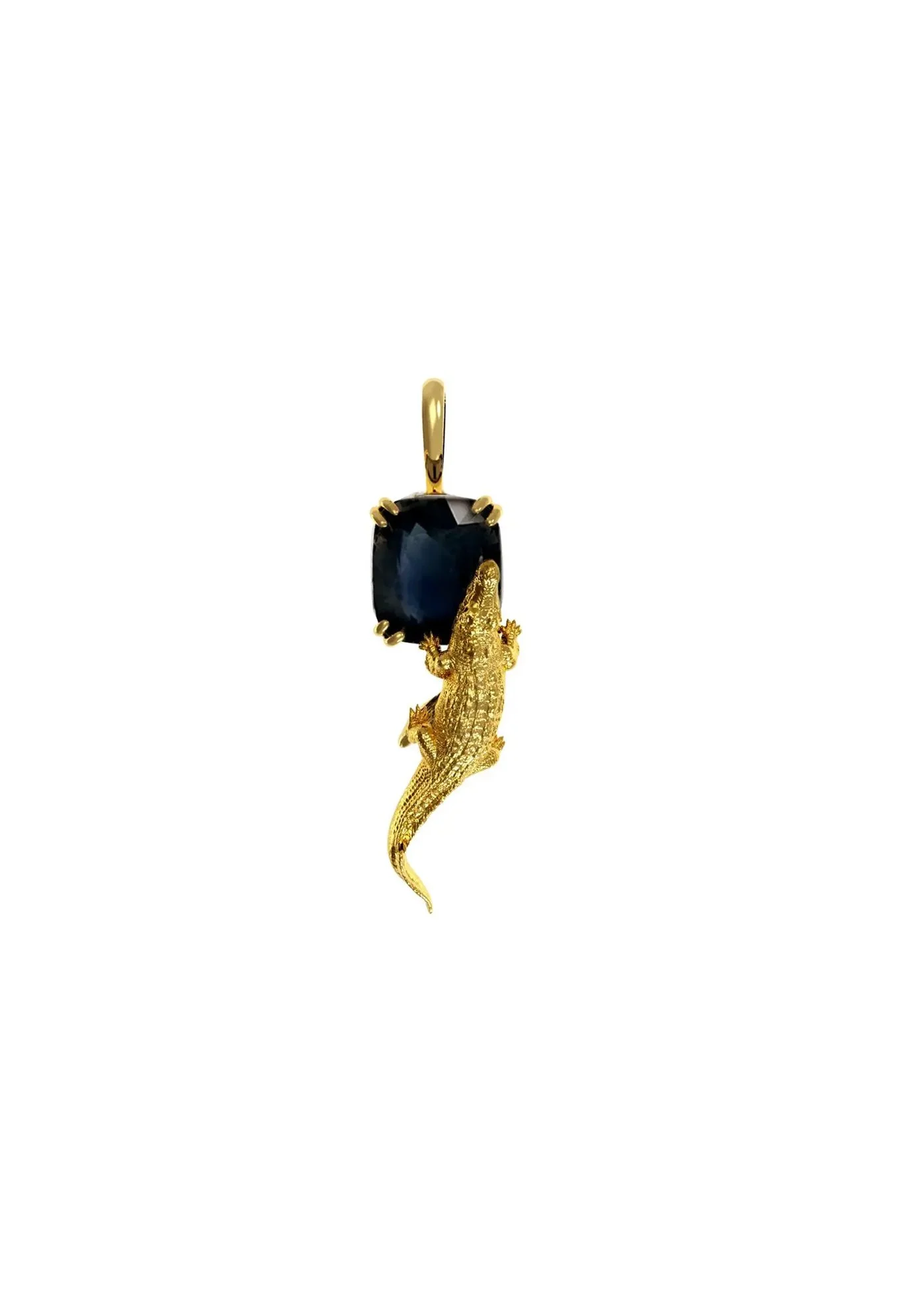Eighteen Karat Solid Yellow Gold Natural Dark Blue Sapphire Contemporary Pendant Necklace