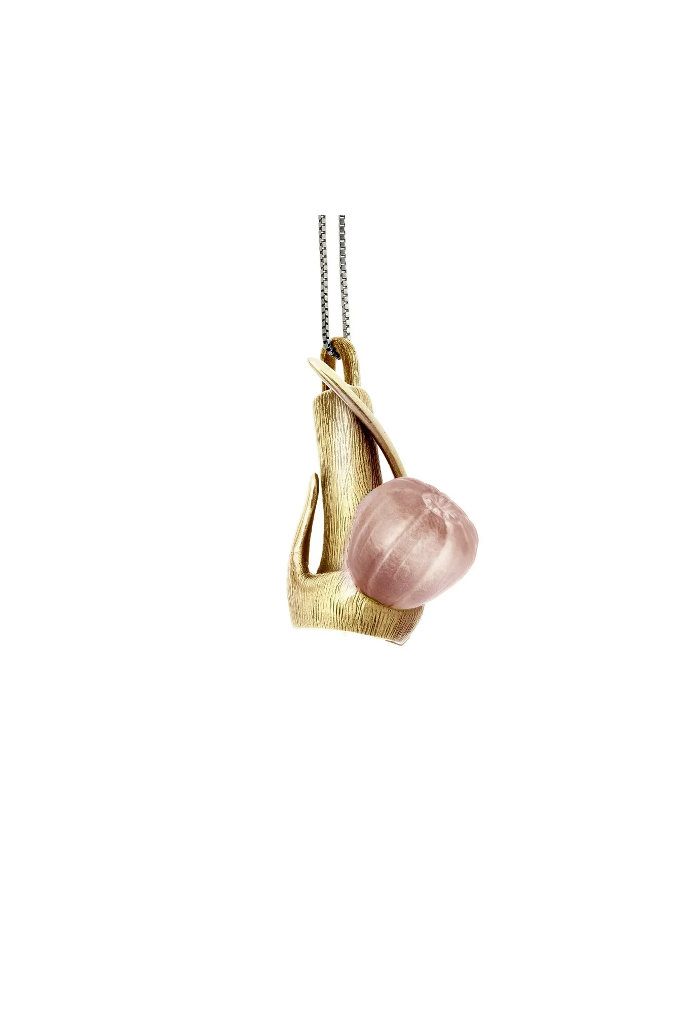 Eighteen Karat Solid Rose Gold Fig Contemporary Sculptural Pendant Necklace with Rose Quartz