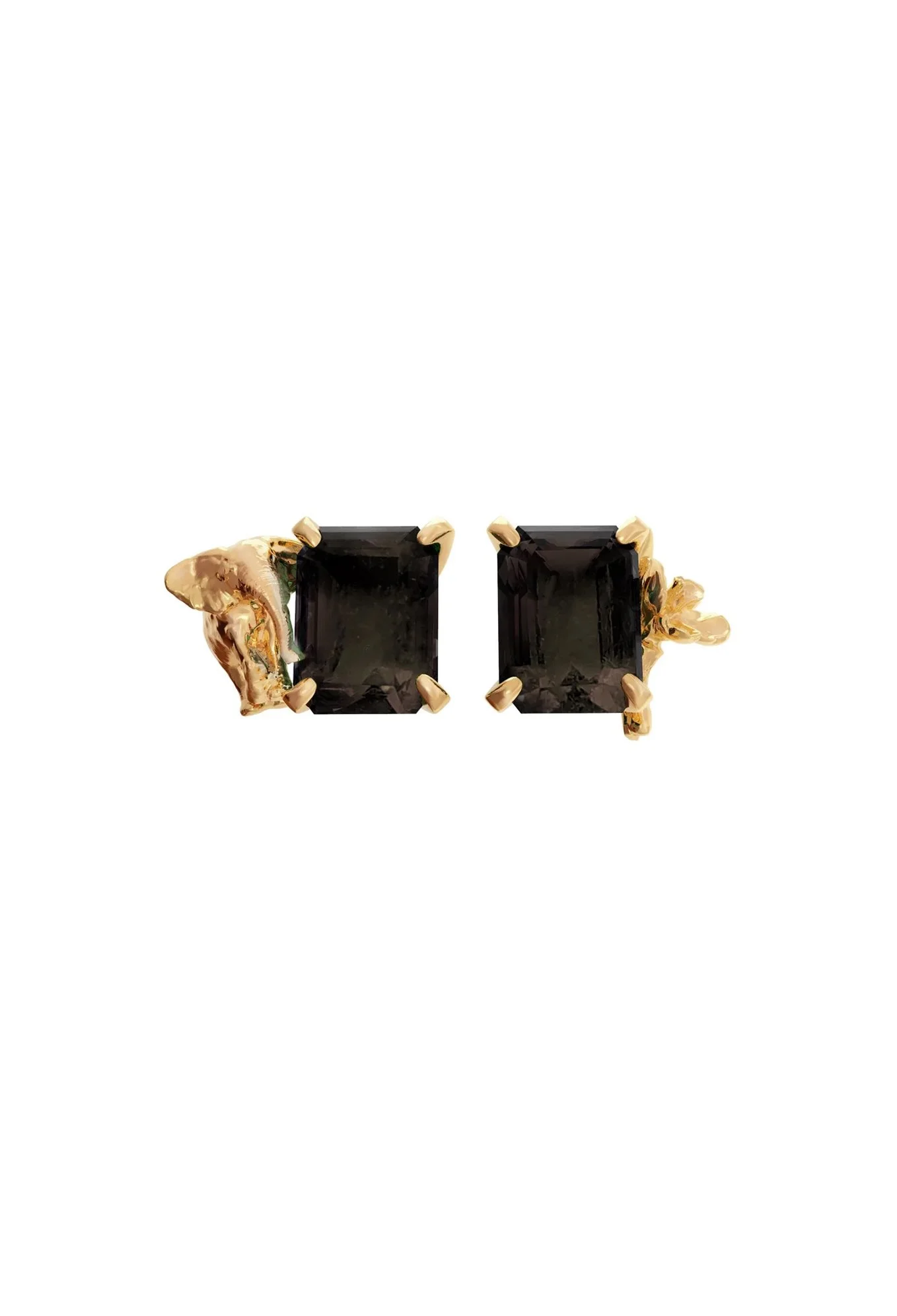 Contemporary Smoky Quartz Earrings with Elephant and Narcissus in Brass