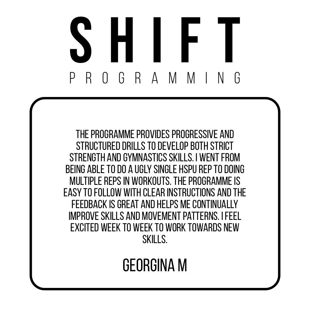 Shift Programming 
Client testimonial
@moritzzaa has been on the individual programme working on many skills/ strength movements with Handstand push ups being one of them. From only being able to do 1 now can do multiple reps.
Swipe across to see how