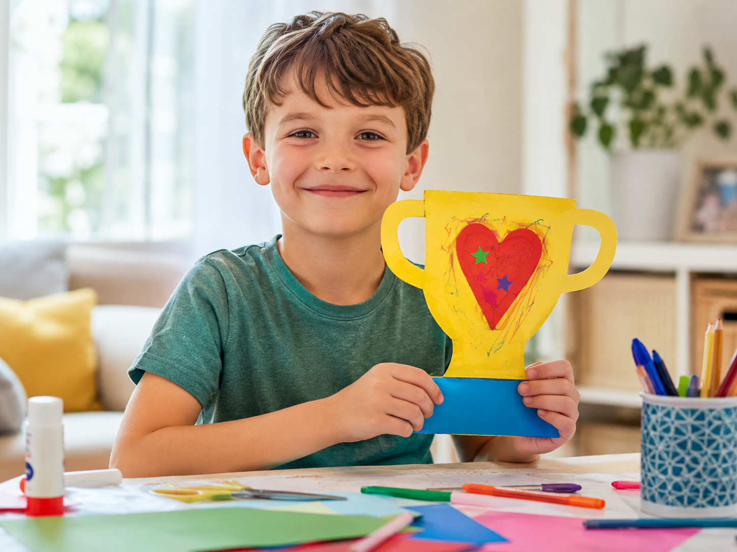 boy holding father's day craft trophy