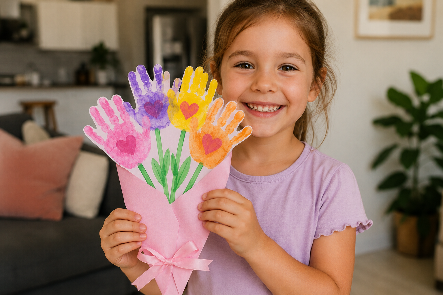 girl holding mothers day craft