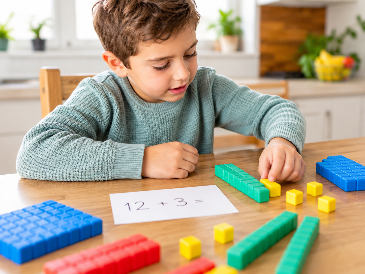 boy working with number blocks