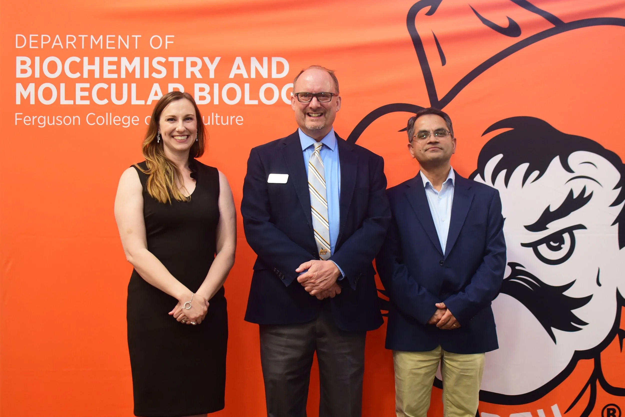 Dr. Aryal with Dr. Gustavson and Dr. Mattison during the 2026 BMB Scholarship Banquet at OSU.