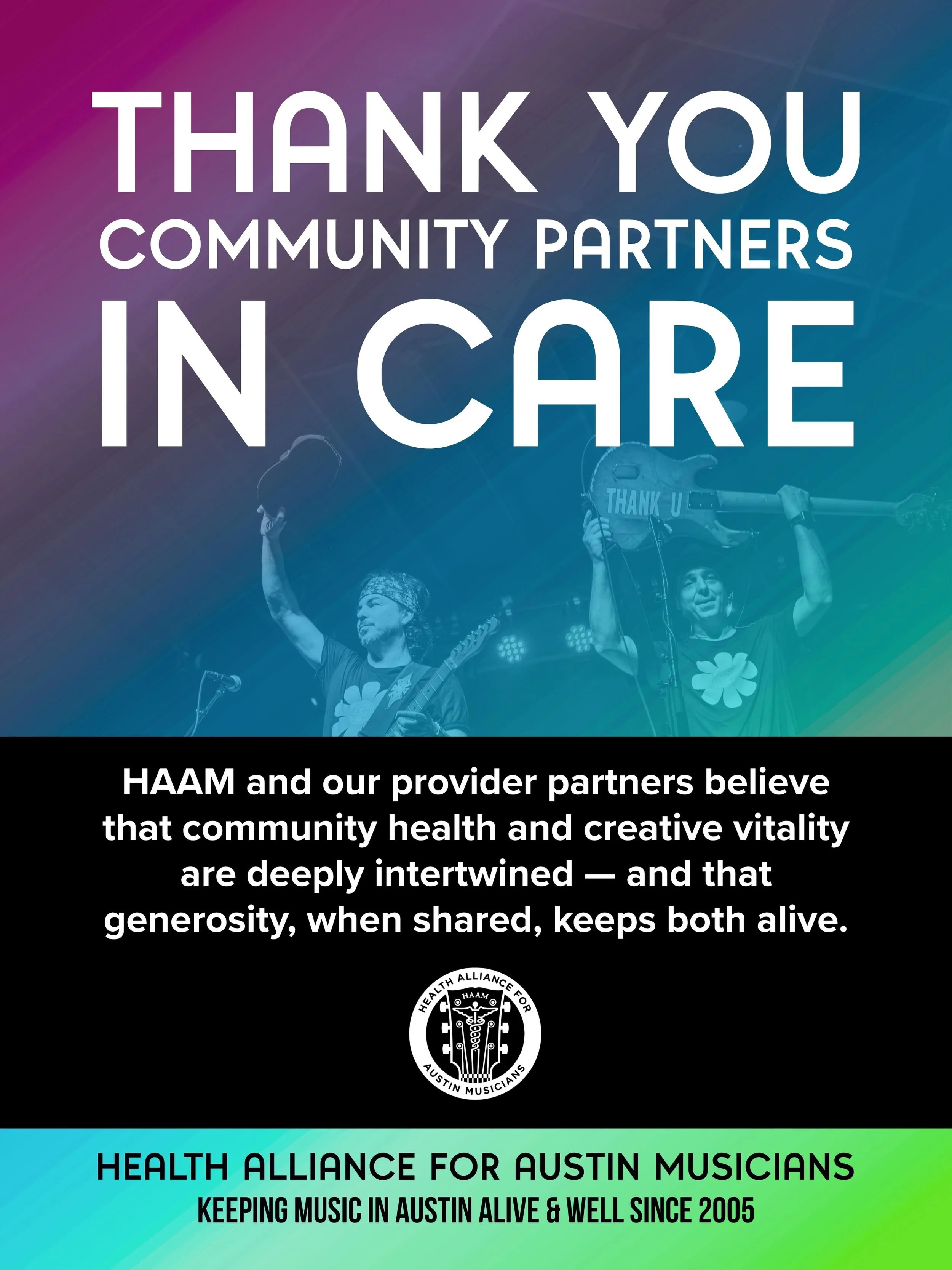 HAAM and our provider partners believe that community health and creative vitality are deeply intertwined &mdash; and that generosity, when shared, keeps both alive. #myHAAM

As part of our 20+ year legacy and our ongoing commitment to cultivating a 