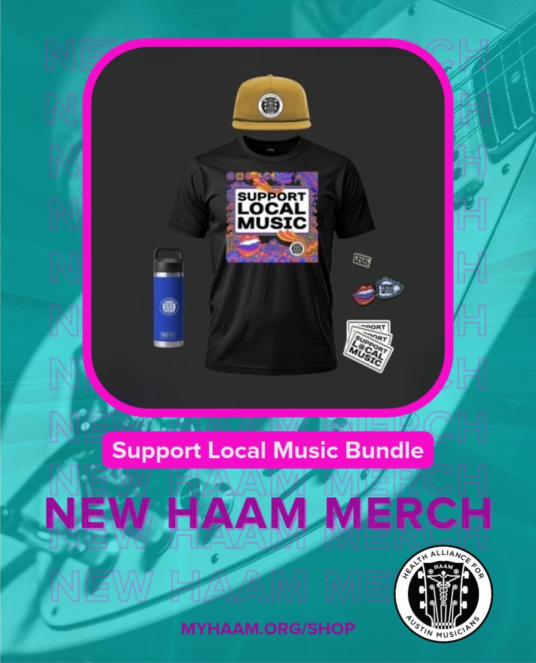 🎵 Go all in on the mission. HAAM&rsquo;s Support Local Music Bundle stacks up everything you need to rep local music in style &mdash; from your head to your water bottle (six items are included)!

❤️ Every piece carries the same message: local music
