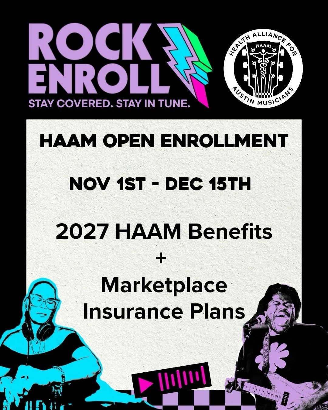 Love to see musicians supporting musicians? It&rsquo;s #RockEnroll time.

🚨 If you&rsquo;re a HAAM member, tag a friend who should join HAAM! 🚨

We are actively enrolling members in health coverage during our open enrollment season, and we are here