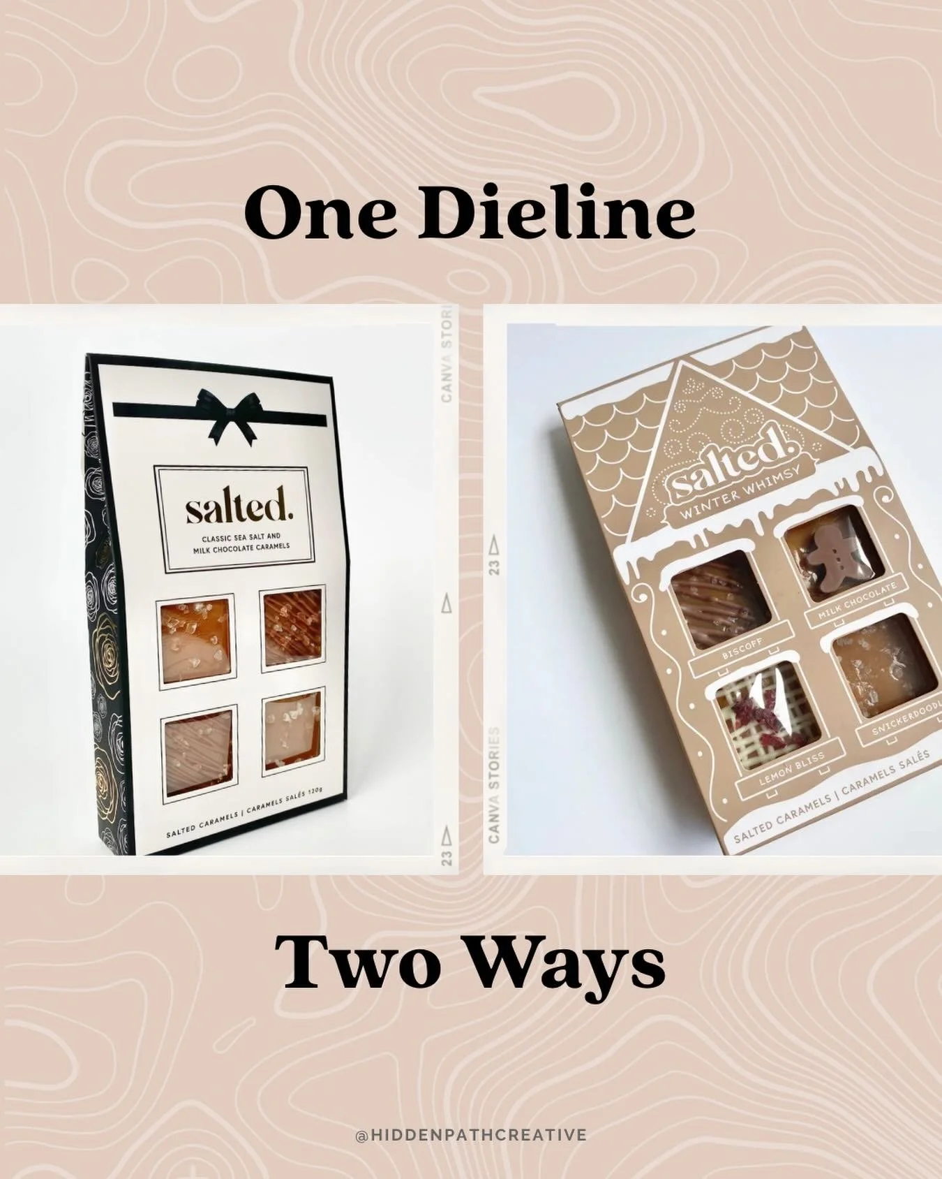 Same dieline. Two totally different vibes. 💁🏻&zwj;♀️

Our client used the same dieline for two different seasonal collections and we designed graphics to tell the story.

Making the choice to keep the foundation (aka the dieline) the same allowed t