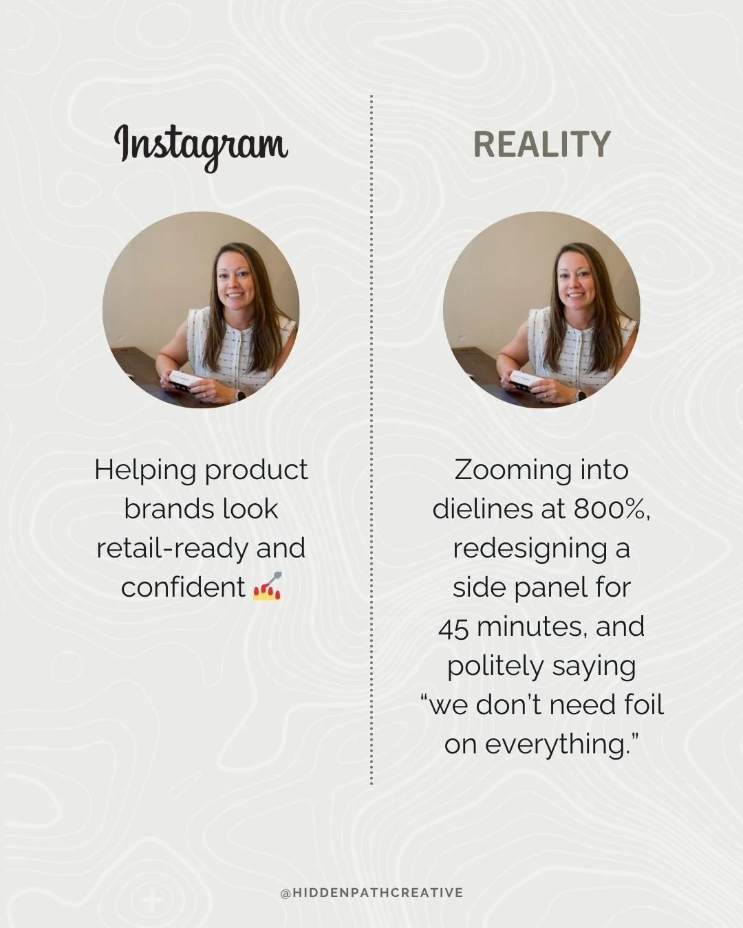 Not everything you see on Instagram is the full story.⁣
⁣
Yes, I help product brands look polished and retail-ready.⁣

But behind the scenes? It is a lot of zooming into dielines, nudging type by half a point, and making strategic calls about what ac