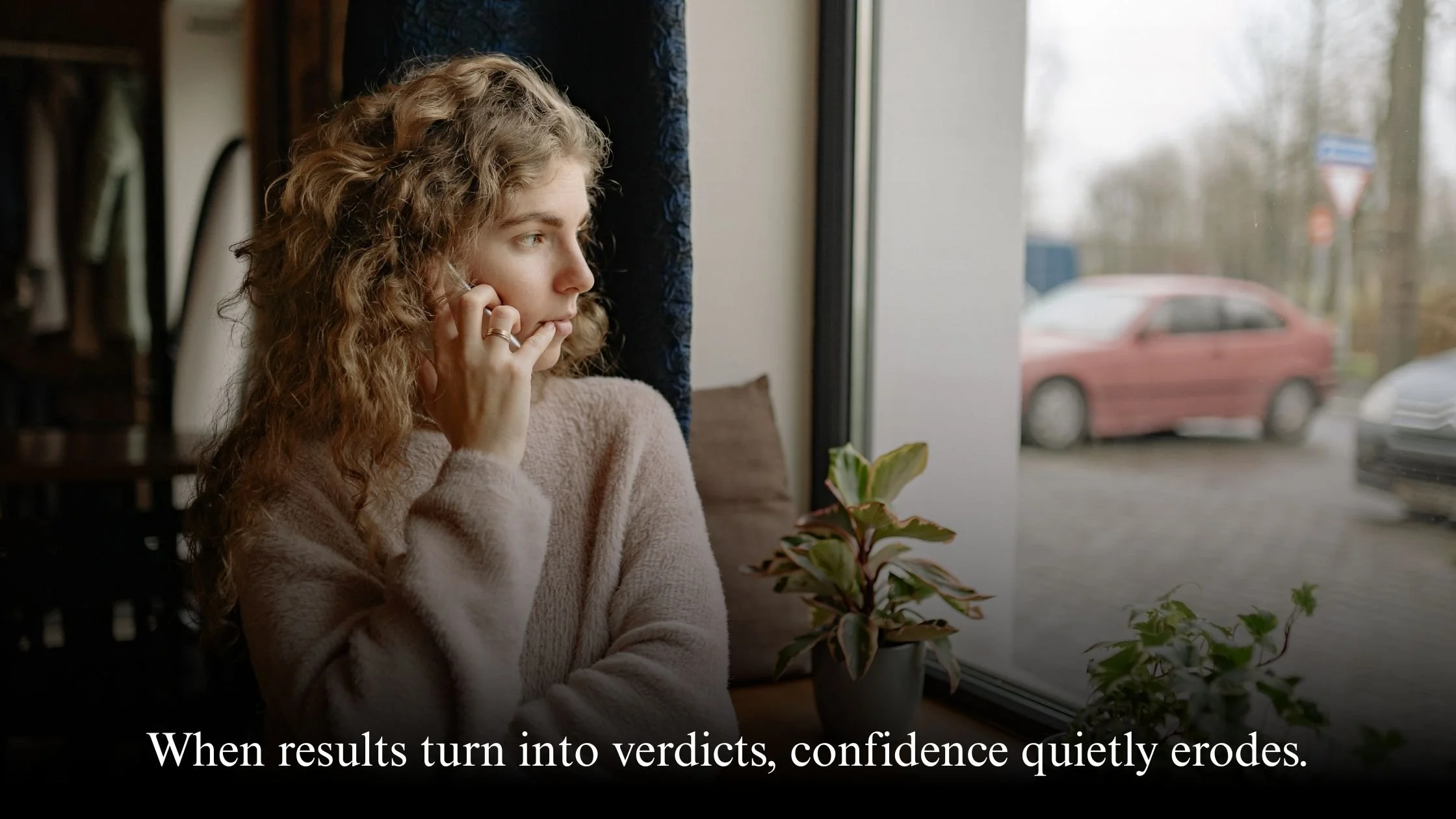 Woman sitting thoughtfully with study notes, representing self-judgement and loss of confidence during learning.