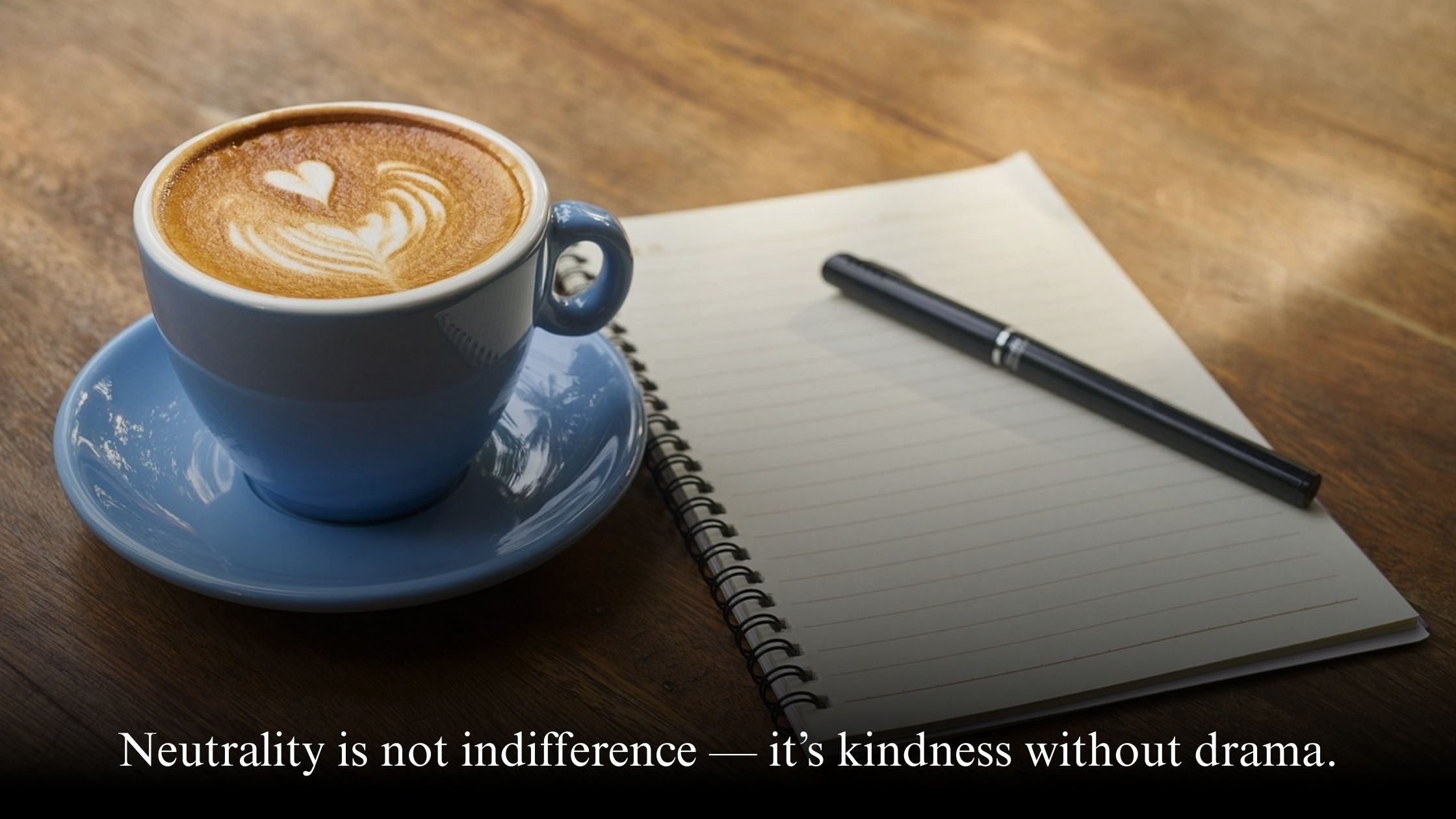 Open notebook and tea in calm setting representing neutrality and self-compassion rather than self-criticism