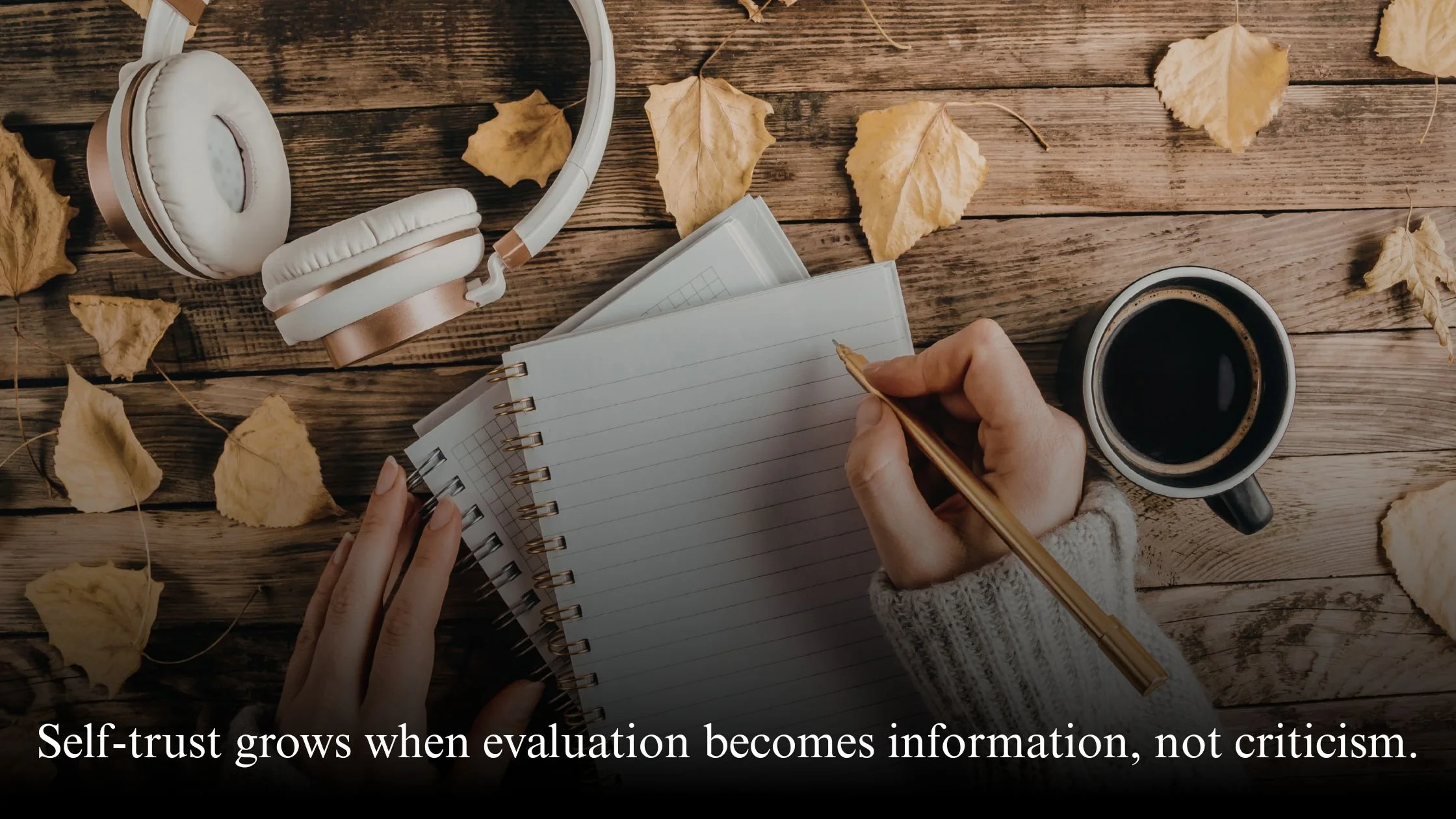 Woman journaling calmly in natural light, representing self-trust and reflective evaluation.