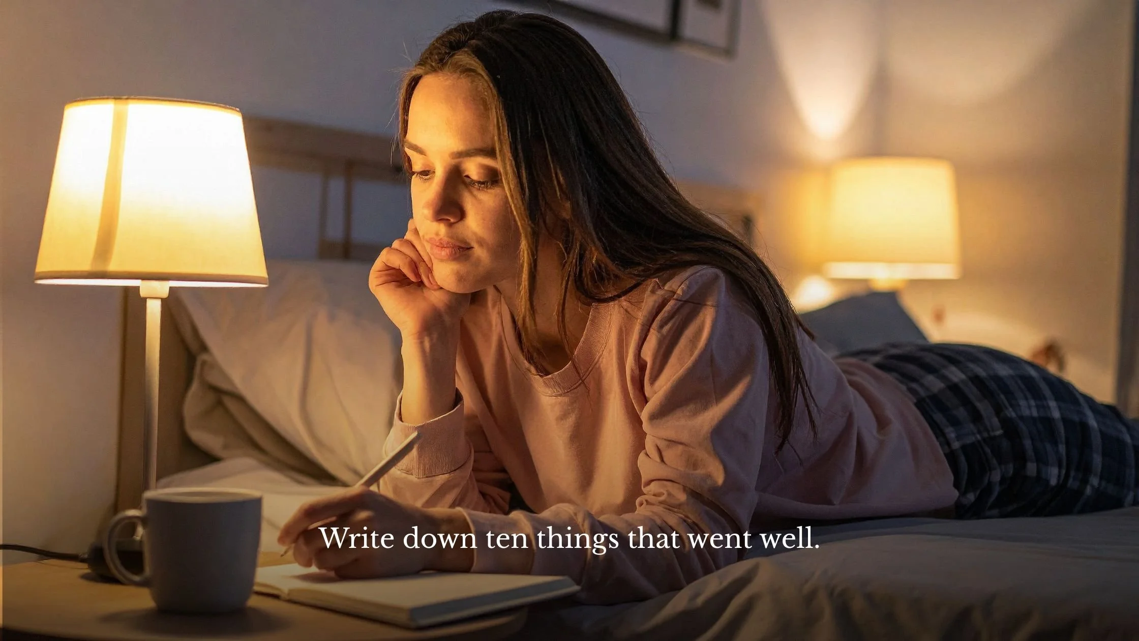 Woman journaling by bedside lamp light as part of a daily awareness practice, Jo Renshaw Life Coach Brighton blog