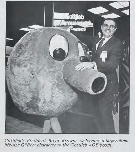 Photo from RePlay Magazine of Gottlieb President Boyd Browne from AOE Booth, 1983