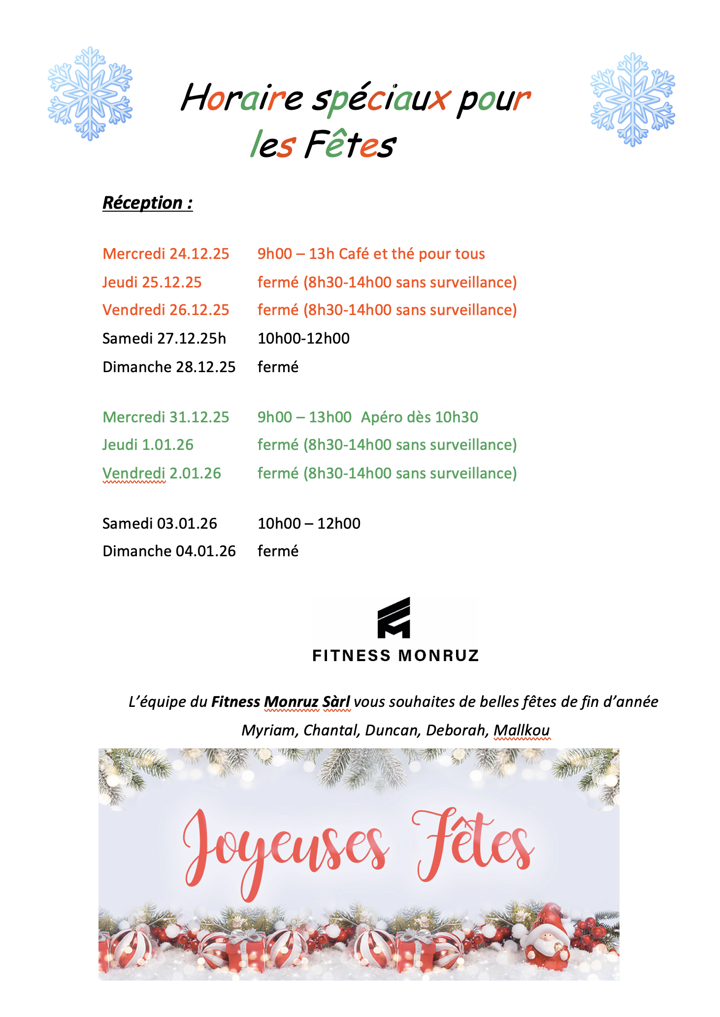 Horaires Fêtes de fin d'année