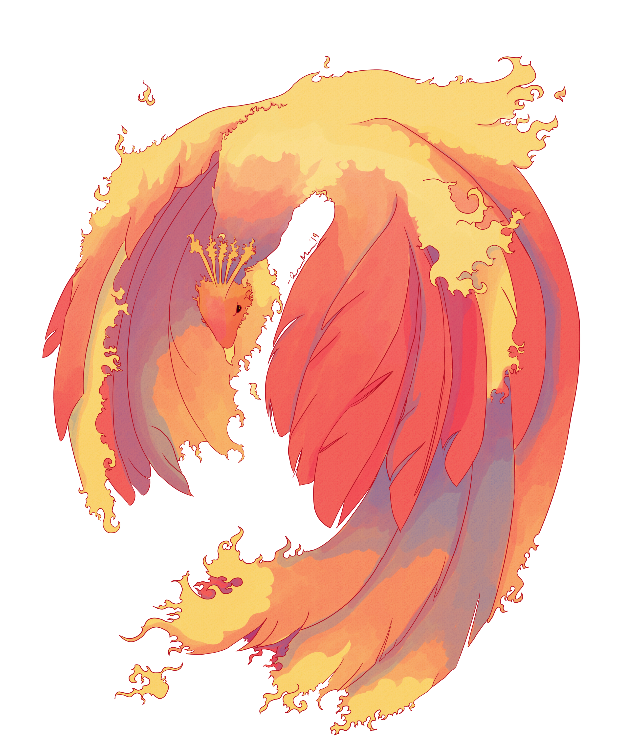 a bird with long tail feathers. The bird's feathers are turning into fire and the crest feathers are made of flames.