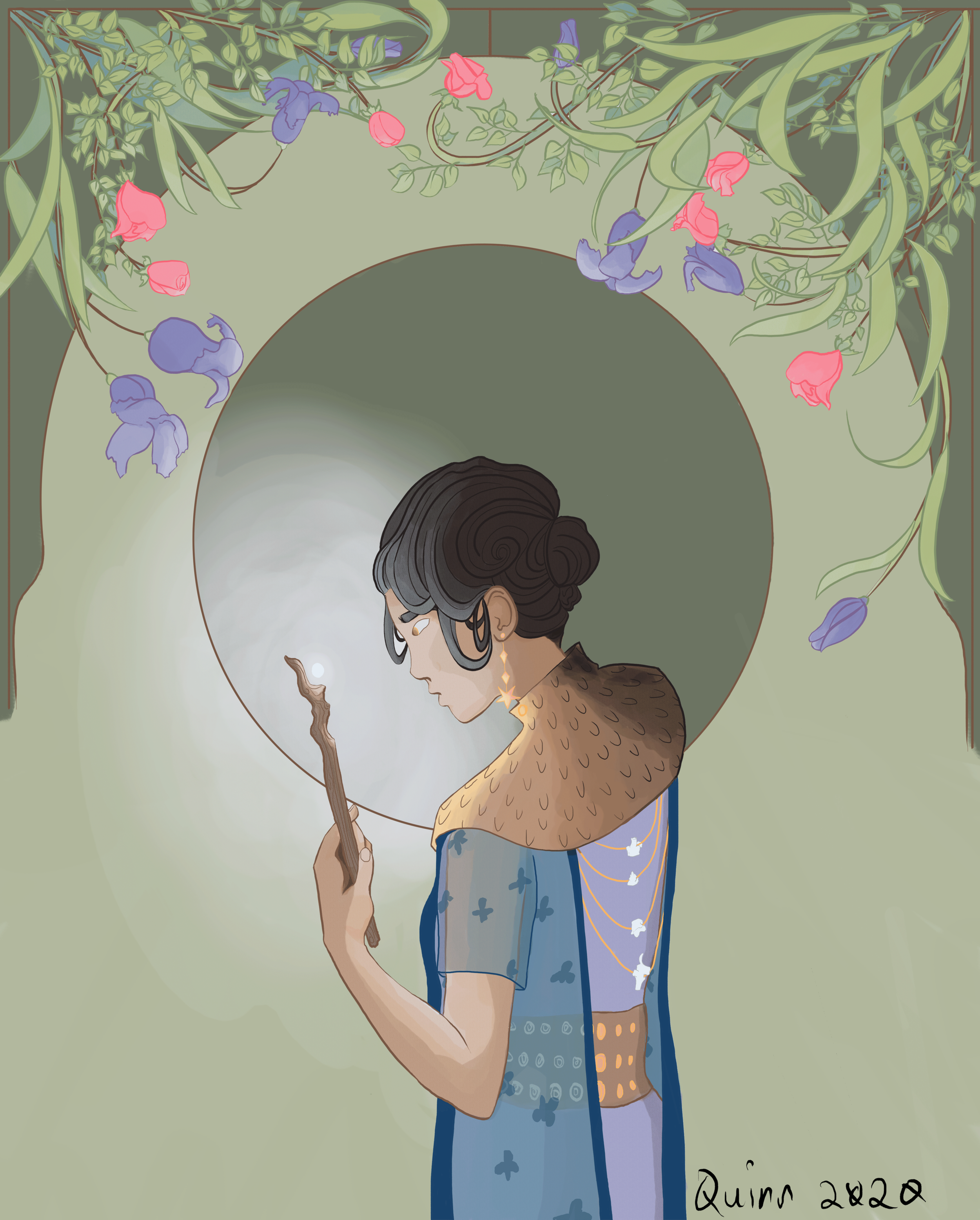 An art neuveau inspired illustration of a witch., surrounded by irises and roses.